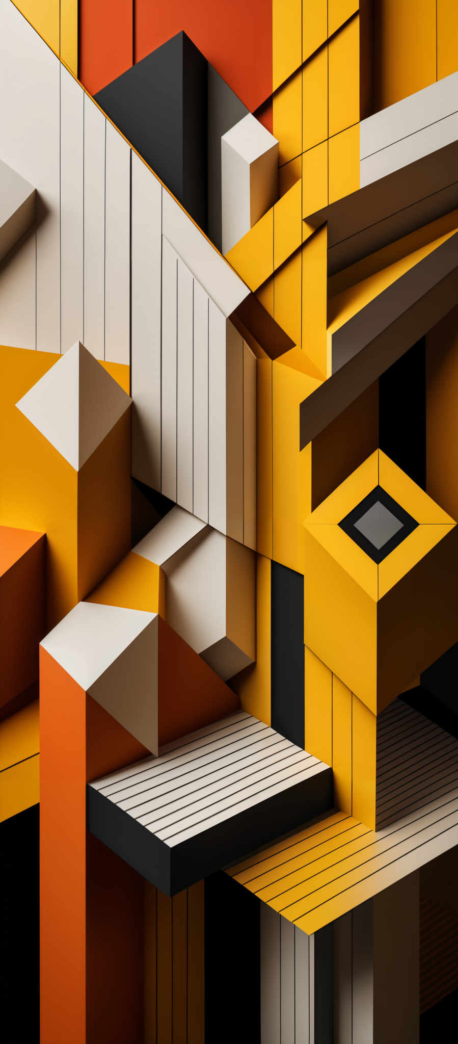 The image showcases a three-dimensional geometric composition made up of various blocks and shapes. The dominant colors are yellow, orange, white, and black. The shapes include cubes, rectangles, and other geometric forms. Some of the blocks have stripes on them, while others have different patterns. The composition gives an impression of a modern architectural or artistic structure.