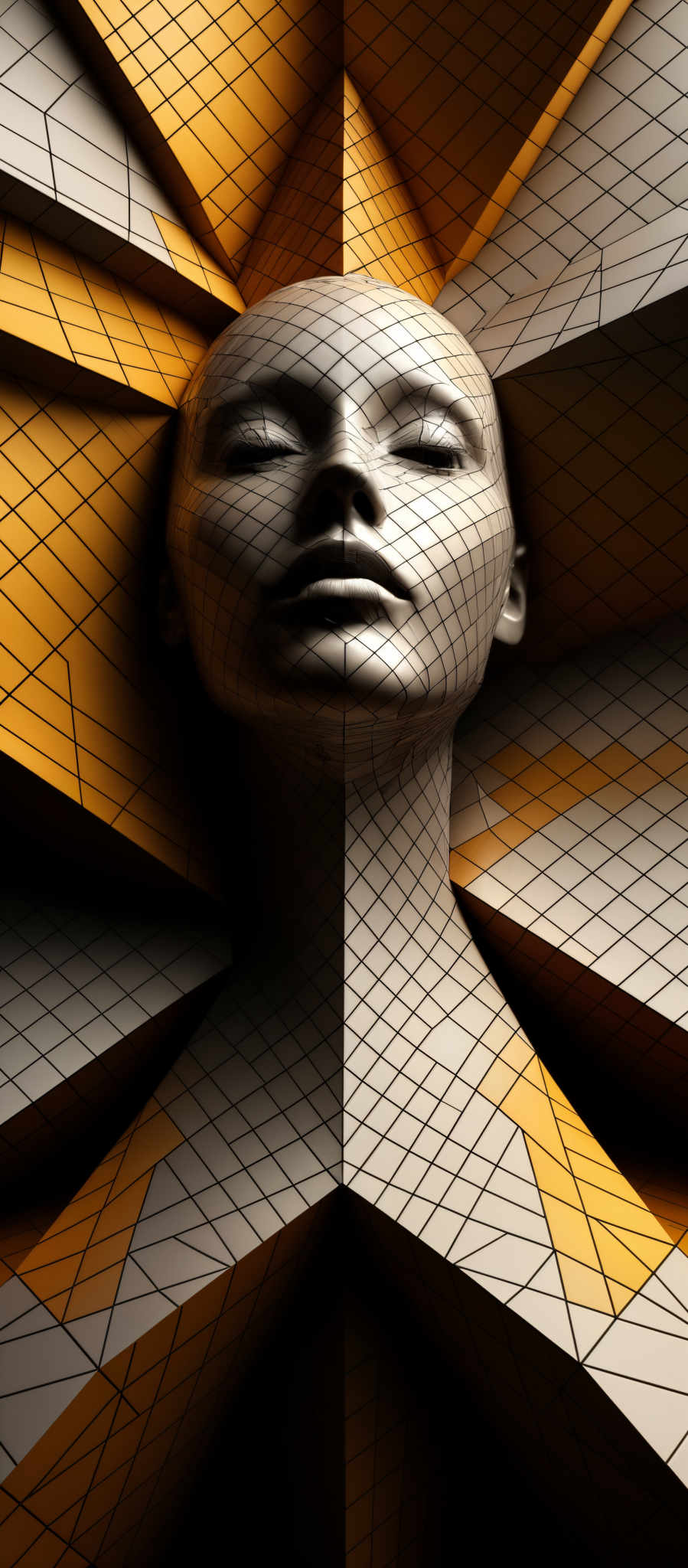 The image showcases a 3D representation of a human face, seemingly made of a metallic or stone material. The face is enveloped by an intricate geometric pattern, predominantly in shades of orange and gray. The pattern consists of overlapping triangular and polygonal shapes, creating a visually captivating and abstract backdrop. The facial features of the face, such as the eyes, nose, and lips, are distinctly visible, and the overall composition gives a sense of depth and dimension.