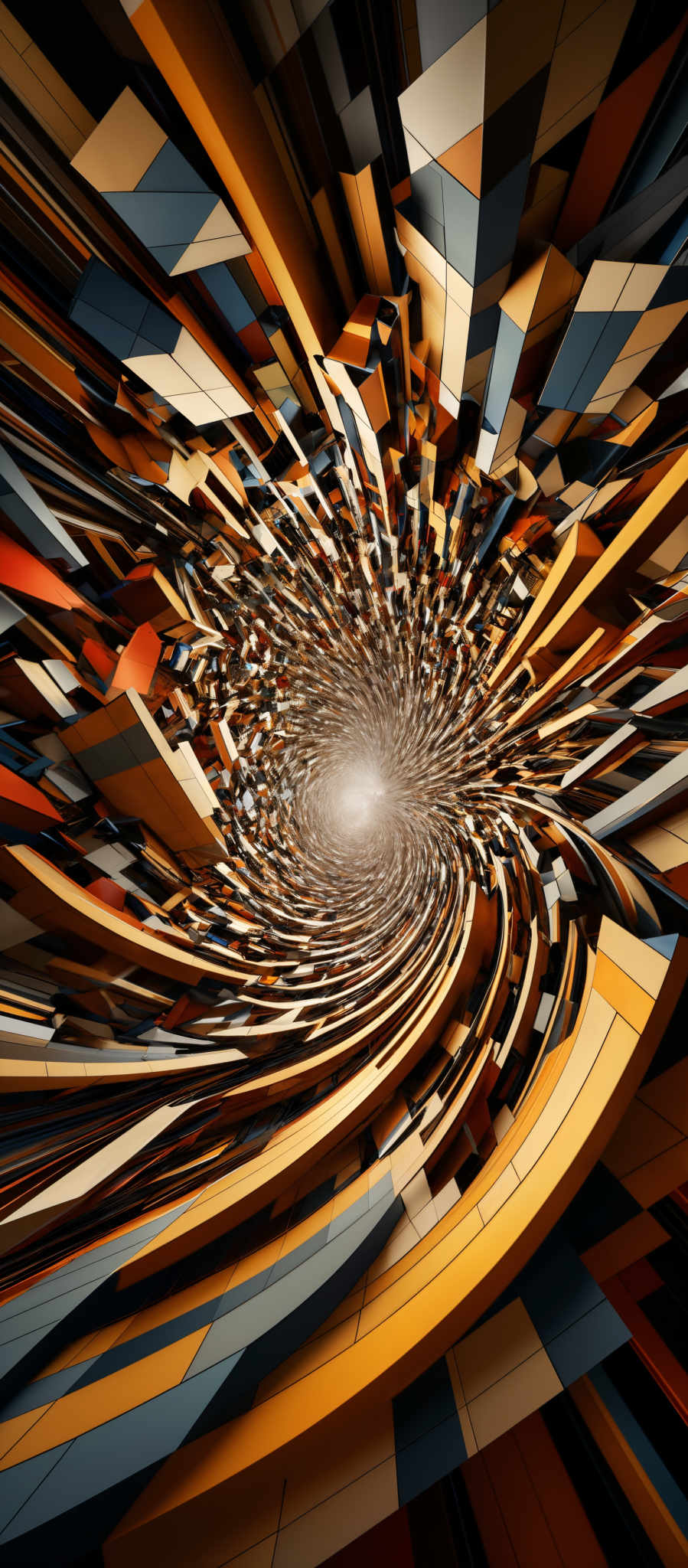 The image showcases a vibrant and dynamic 3D abstract design. It features a myriad of intertwined and overlapping geometric shapes, primarily rectangles and cubes, in a spiraling formation. The colors are a mix of warm tones, predominantly oranges, browns, and golds, contrasted with cooler shades of blues and grays. The central part of the image emits a bright light, suggesting a focal point or a source of energy.