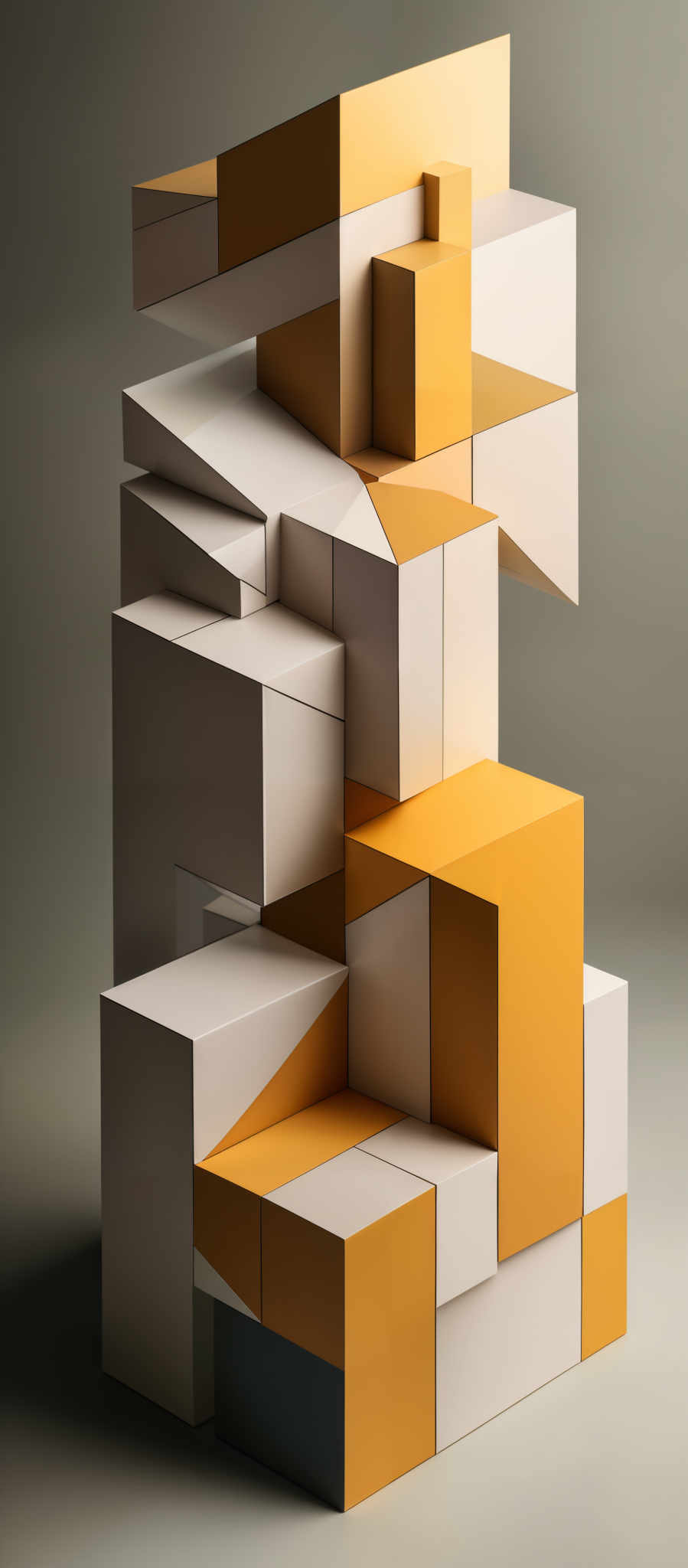 The image showcases a three-dimensional structure composed of interconnected cubes and rectangles. The predominant colors are shades of white and orange. The cubes are of varying sizes and are interconnected in a complex, almost organic manner. The background is a muted gray, which accentuates the vibrant colors of the cubes.