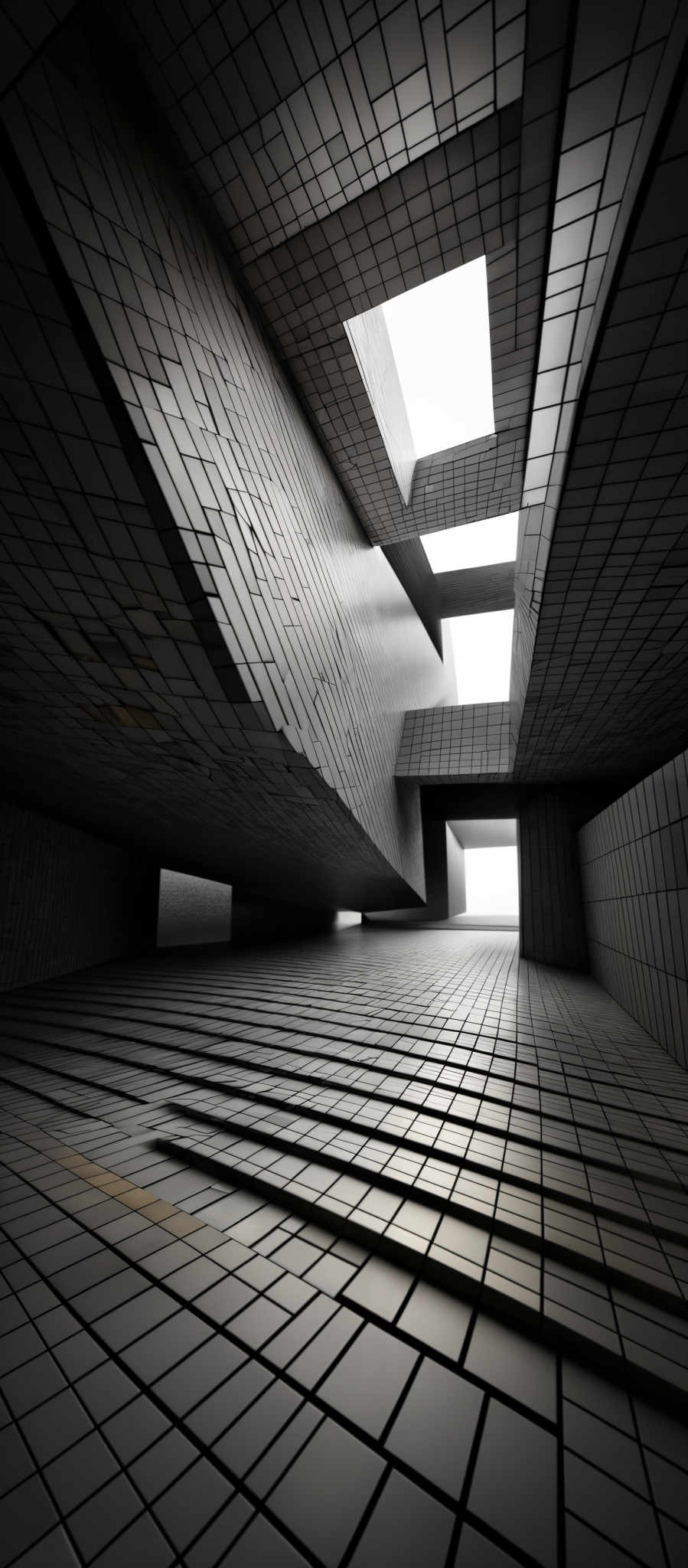 The image showcases a monochromatic, predominantly grayscale scene. The primary focus is on a series of interconnected, cuboid structures that form a labyrinth-like architectural design. These structures have a glossy finish, reflecting light and creating a sense of depth. The perspective of the image is such that it appears to be viewed from below, looking upwards, giving a sense that one is within a vast, intricate maze. The lighting is dramatic, with certain areas illuminated and others cast in shadow, emphasizing the depth and complexity of the design.