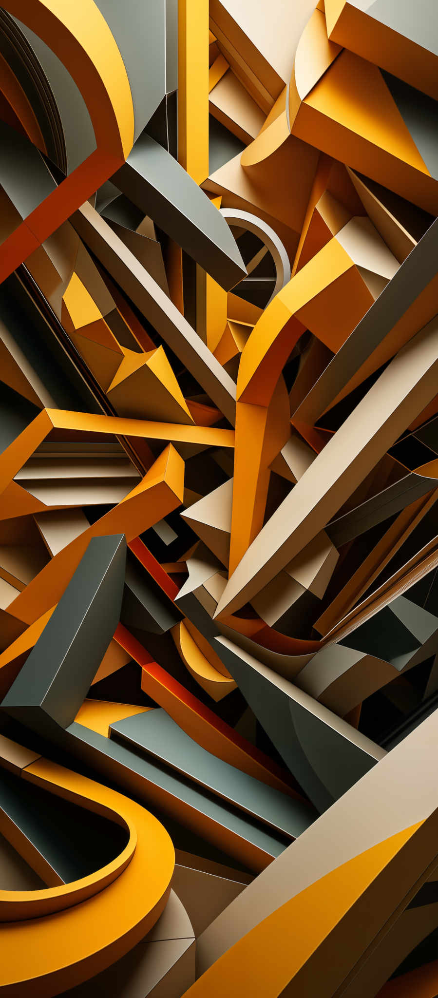 The image showcases a complex interplay of geometric shapes in a 3D space. The dominant colors are shades of orange, gray, and white. The shapes are predominantly rectangular and angular, intertwined in a chaotic yet harmonious manner. The composition gives an impression of a dynamic, abstract structure, possibly representing a modern architectural design or a digital rendering of a complex structure.