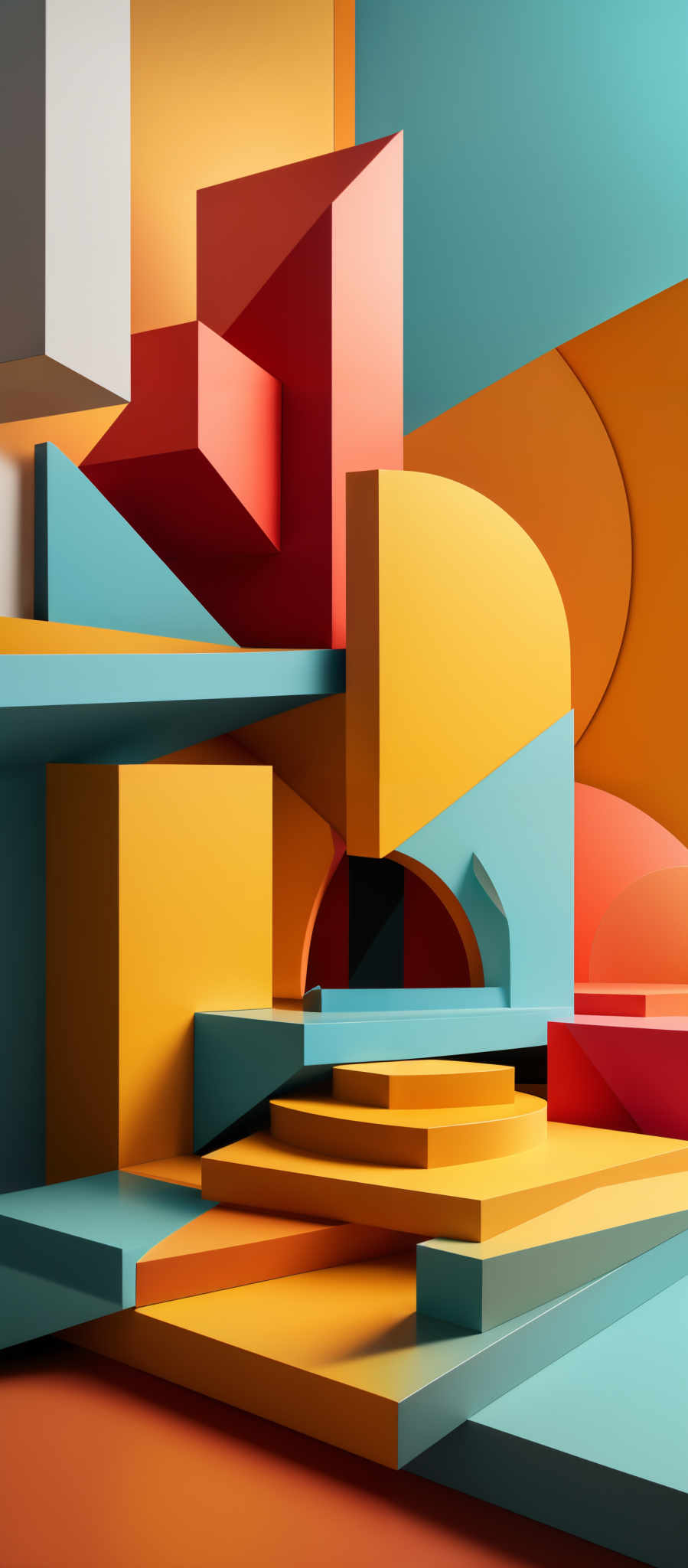 The image showcases a vibrant and abstract composition of geometric shapes. The dominant colors include shades of orange, yellow, teal, and red. The shapes are three-dimensional and appear to be floating or stacked on top of each other. There are various forms such as rectangles, cubes, and arches. The play of light and shadow gives depth to the image, making the shapes appear three- dimensional.