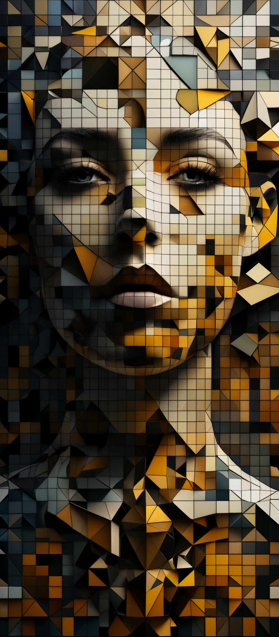 The image showcases a fragmented and abstract representation of a human face. The face is composed of a myriad of triangular and square shapes, each with varying shades of brown, gold, and gray. The eyes are particularly detailed, with a deep gaze and well-defined eyelashes. The overall composition gives an impression of a digital or artistic rendering, emphasizing the fragmented nature of identity or perception.