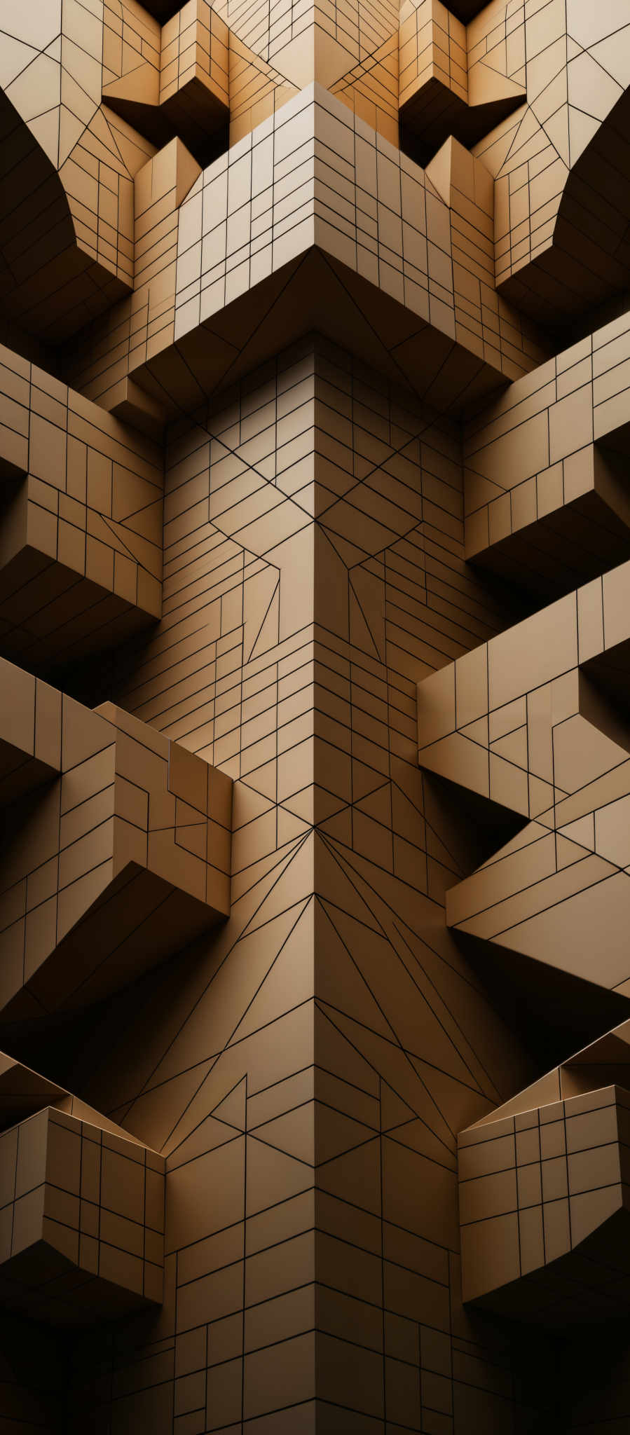 The image showcases a three-dimensional architectural structure with a predominant beige or tan color. The structure consists of multiple interconnected cuboids and rectangular blocks, creating an intricate and symmetrical design. The blocks are adorned with a grid-like pattern, which adds depth and dimension to the overall composition. The perspective of the image emphasizes the depth and complexity of the structure, making it appear as though the blocks are stacked in a multi-layered fashion.