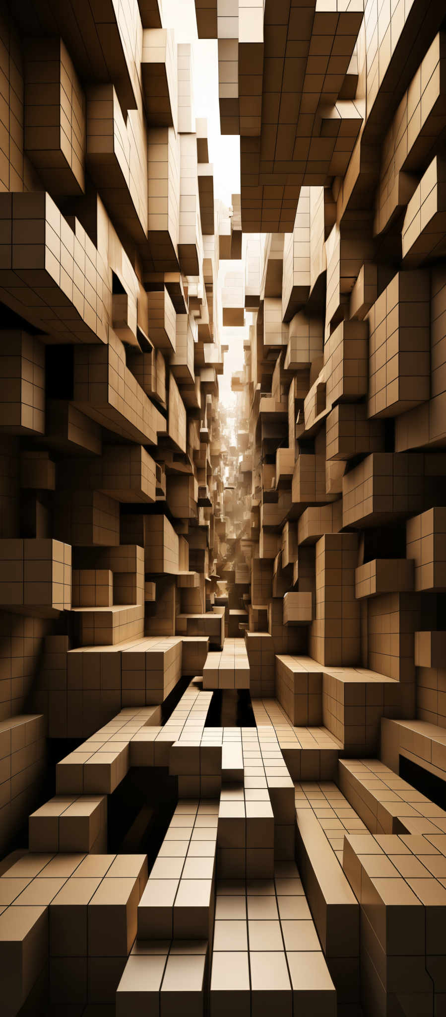 The image showcases a 3D architectural design with multiple interconnected cubes. The predominant color is a beige or light brown, giving it a warm and earthy feel. The cubes are of varying sizes and are densely packed, creating a maze-like structure. The perspective of the image suggests a deep space, with the cubes extending towards the horizon. The lighting appears to be coming from above, casting shadows and highlights on the cubic surfaces.