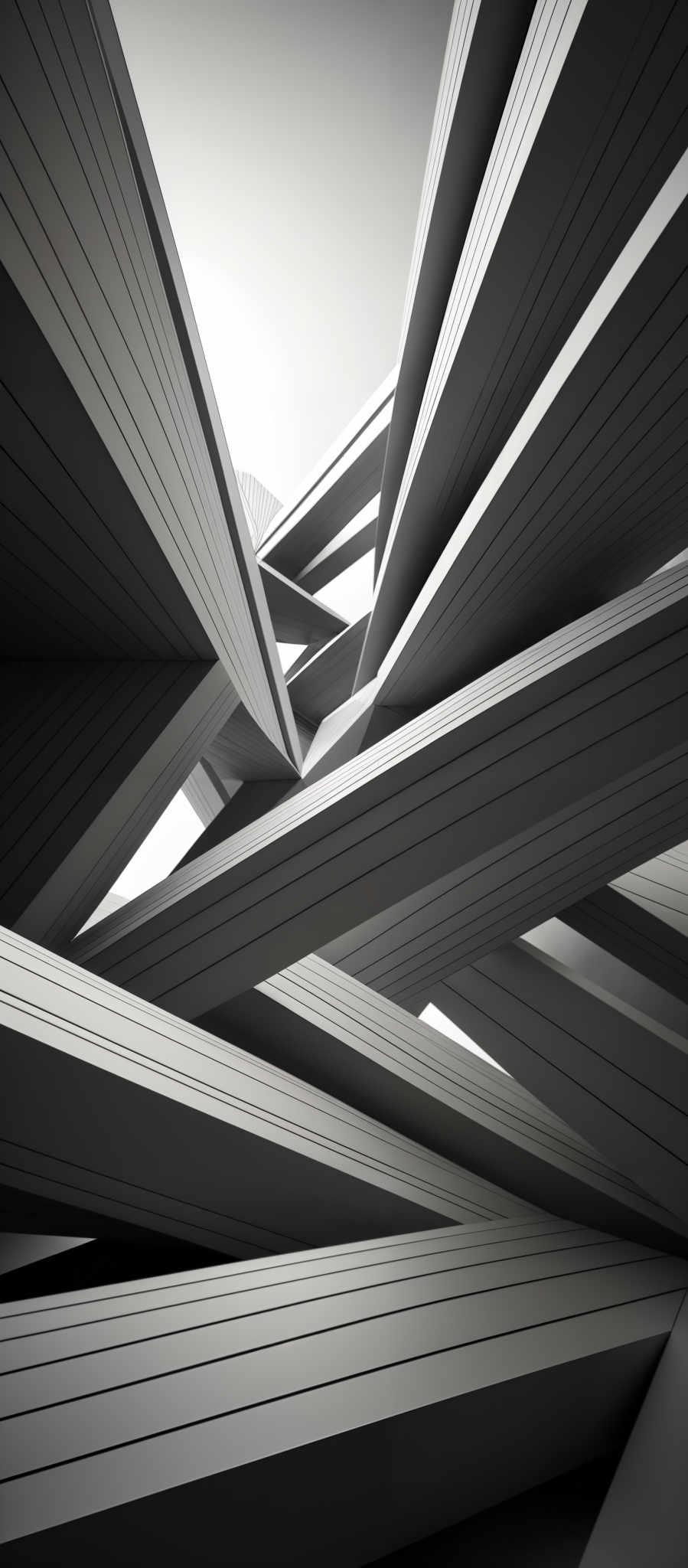 The image showcases a monochromatic, grayscale design. It features overlapping, angular, and ribbon-like structures that appear to be made of metal or a similar material. The structures are intricately intertwined, creating a complex and dynamic visual. The design emphasizes sharp angles, smooth surfaces, and a sense of depth, giving it a modern and architectural feel.