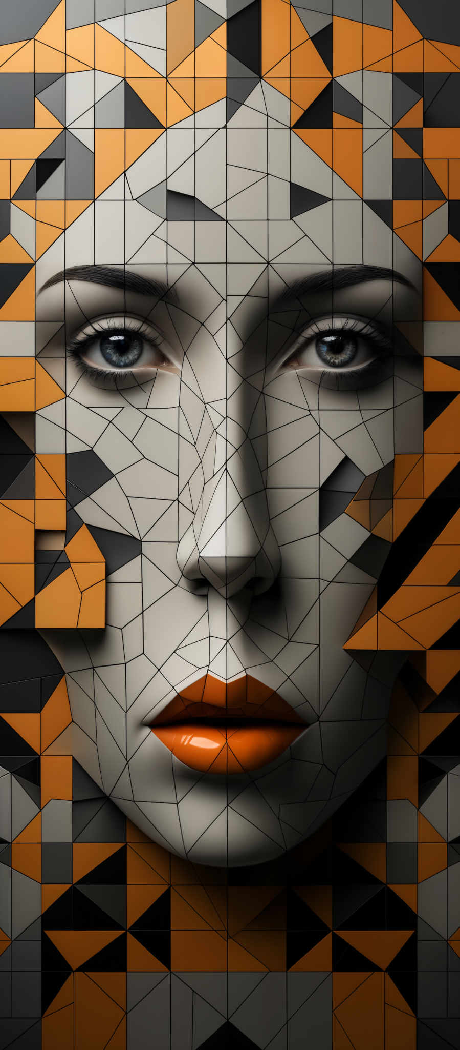 The image showcases a face, seemingly fragmented and reassembled with geometric shapes. The predominant colors are shades of gray, orange, and black. The face is composed of triangular and rectangular pieces, creating an intricate mosaic. The eyes are particularly striking, with a deep blue hue, and the lips are painted in a bold orange. The overall composition gives an impression of a digital or abstract representation of a human face.