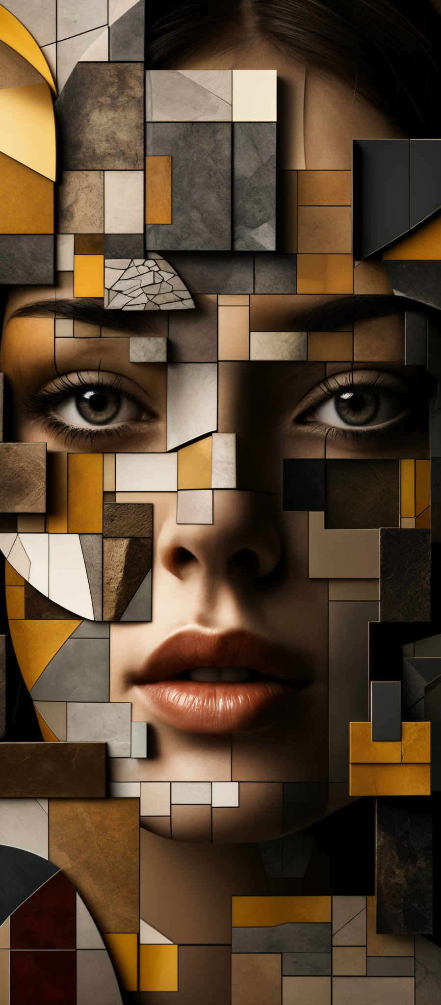 The image showcases a fragmented and abstract representation of a human face. The face is composed of various geometric and rectangular shapes in a mosaic pattern. The colors range from earthy tones like browns, beiges, and grays to brighter hues like yellows and oranges. The eyes are particularly detailed, with a deep gaze and well-defined eyelashes. The lips are painted in a soft peach shade. The overall composition gives an impression of a digital or artistic rendering of a face, possibly emphasizing the idea of fragmentation or multiple perspectives.