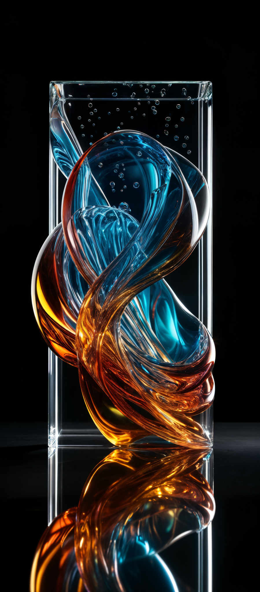 The image showcases a glass cube containing a vibrant and intricate glass sculpture. The sculpture is a swirling mix of colors, predominantly blue and amber, with bubbles trapped within. The blue forms a flowing, wavy pattern, while the amber creates a contrasting, more solid and structured form. The glass cube itself is clear, allowing the vivid colors and shapes of the sculpture to be prominently displayed against a dark background.