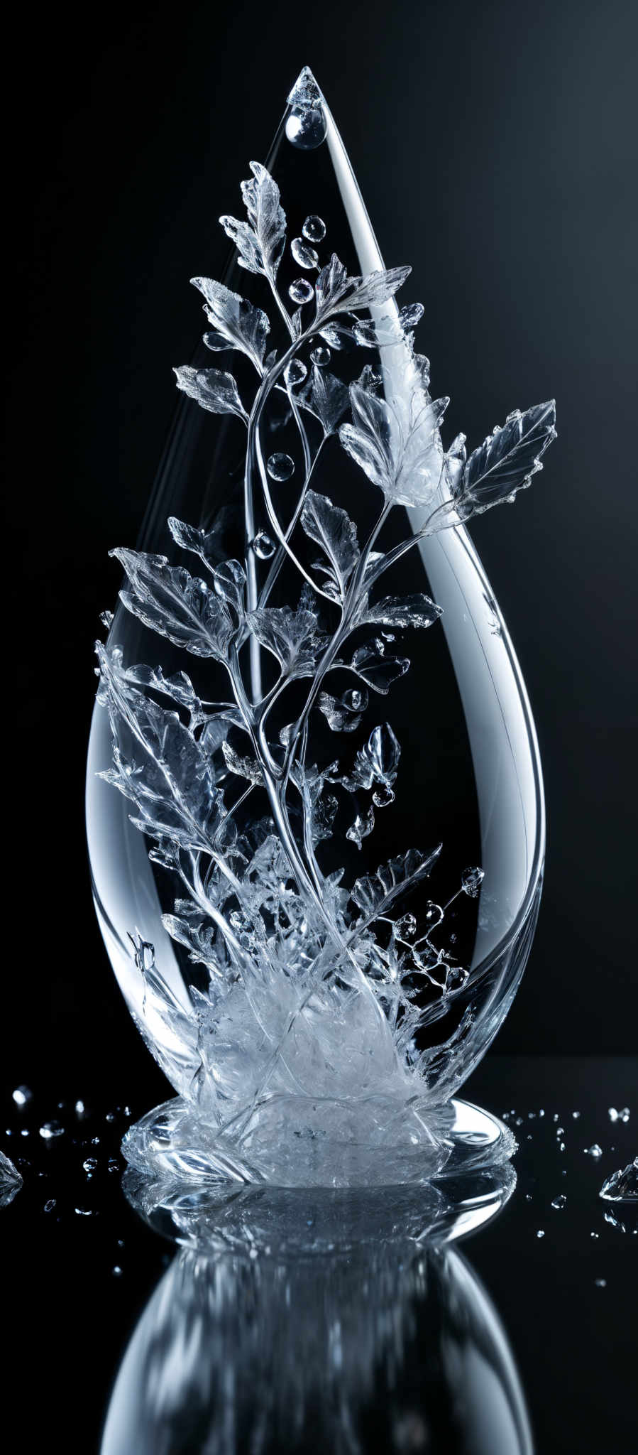 The image showcases a clear, teardrop-shaped glass object. Inside this object, there are intricate ice formations resembling frozen leaves or branches. The ice formulations are translucent, allowing one to see the internal structure. The background is dark, which accentuates the luminosity and transparency of the glass and the ice formulation inside.