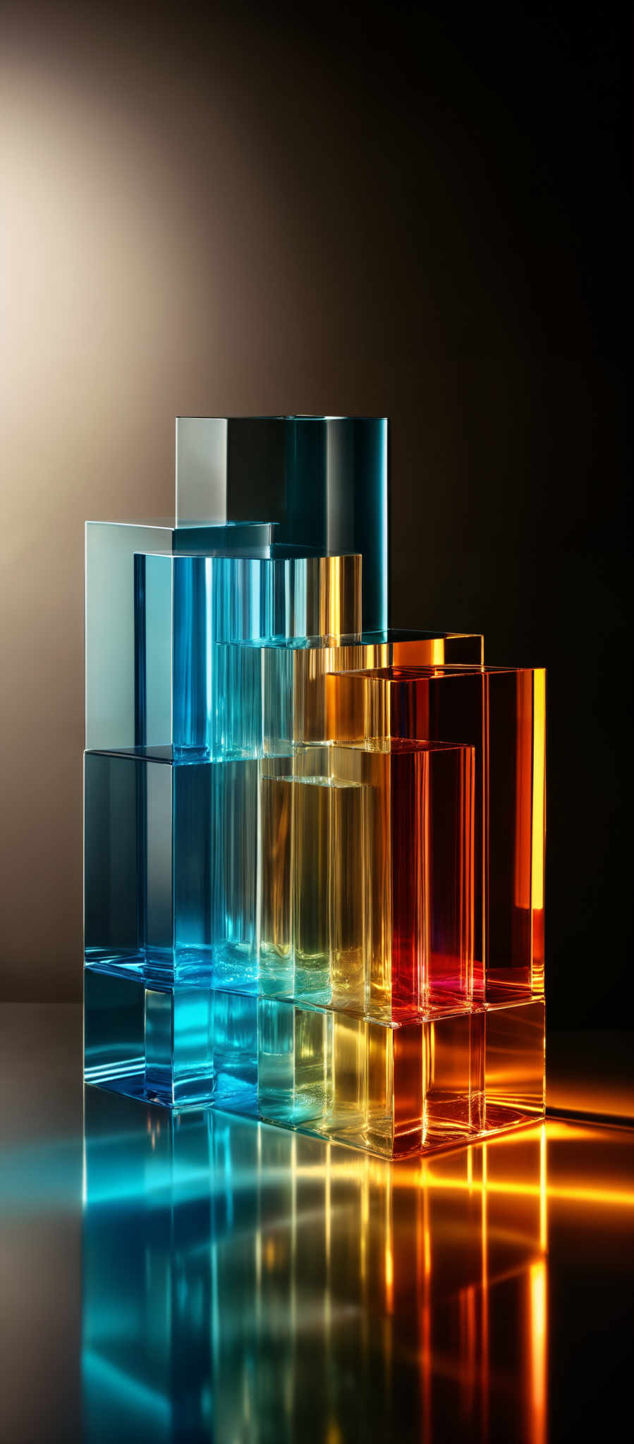 The image showcases a collection of transparent, rectangular cubes of varying sizes. These cubes are arranged in a staggered manner, creating a 3D effect. They are made of a translucent material, allowing us to see the reflections and refractions within them. The colors of the cubes range from clear to blue, teal, orange, and red. The background is dark, which accentuates the vibrant colors of each cube. The lighting casts sharp shadows, emphasizing the cubic shapes and adding depth to the image, making it visually captivating.