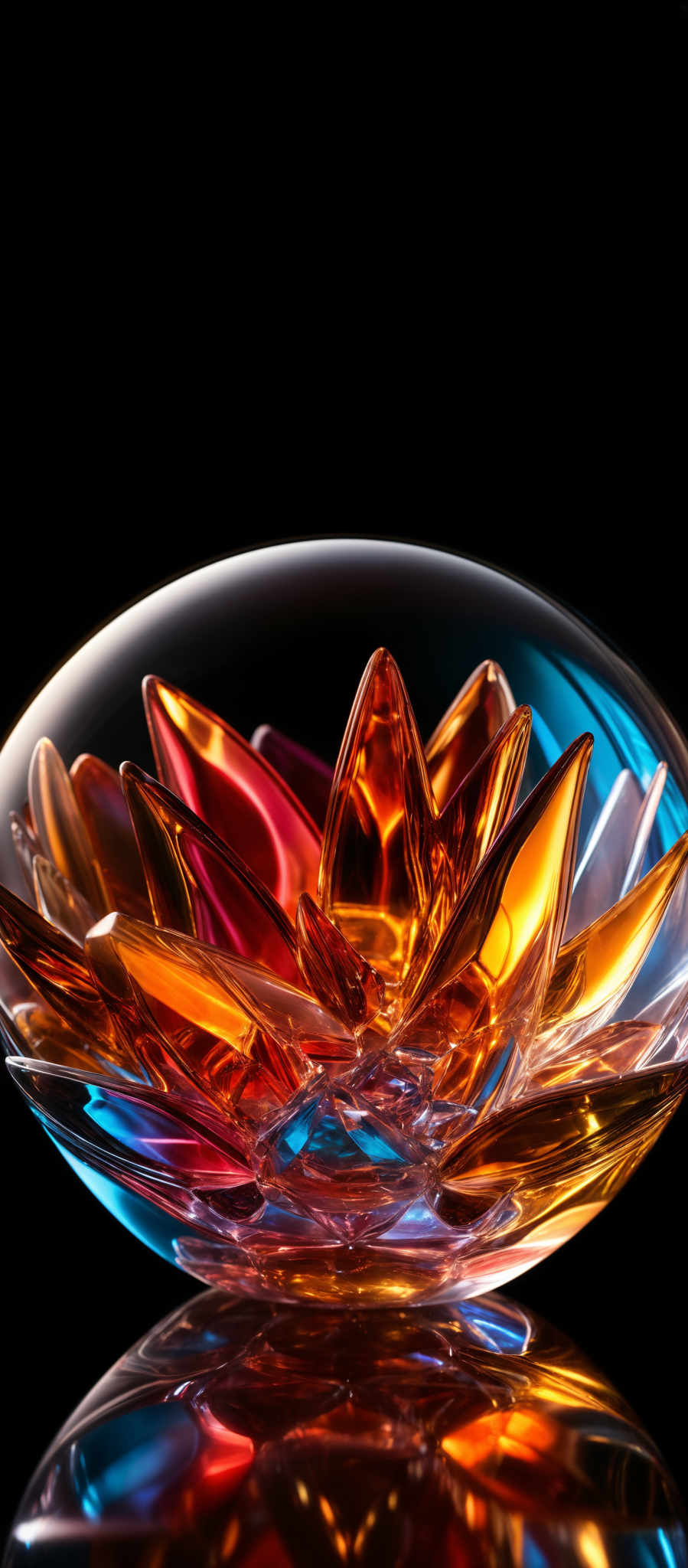 The image showcases a glass object that appears to be a bowl or a dish. The bowl is oval in shape and is filled with colorful glass pieces. These glass pieces are multi-faceted and have a crystalline appearance. They come in a variety of colors including red, orange, yellow, and blue. The glass pieces reflect light, creating a shimmering effect. The background is dark, which accentuates the vibrant colors of the glass pieces and gives the image a sense of depth.