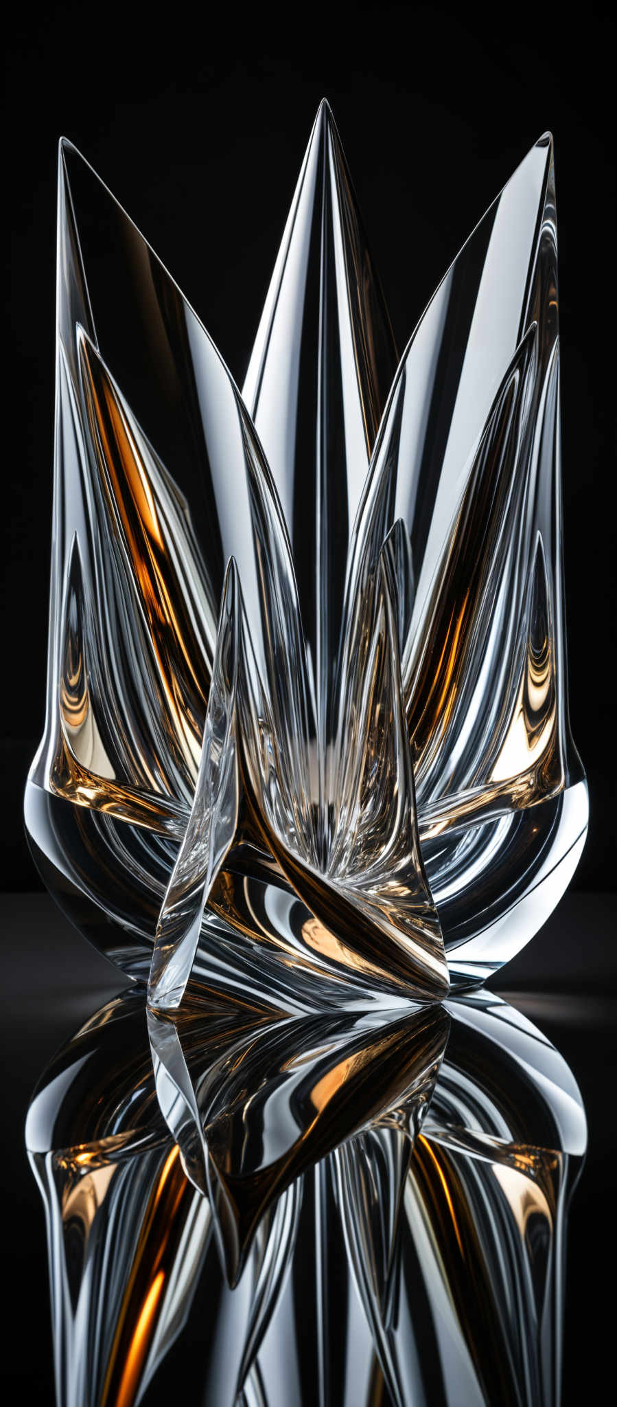 The image showcases a glass or crystal sculpture that appears to be in the shape of a flower or petal. It has a multi-faceted design with sharp edges and curves. The sculpture reflects light, creating a shimmering effect. The predominant colors are clear, with streaks of amber or gold, especially where the light hits the sculpture. The background is dark, which accentuates the reflective properties of the sculptures and gives it a three-dimensional appearance.