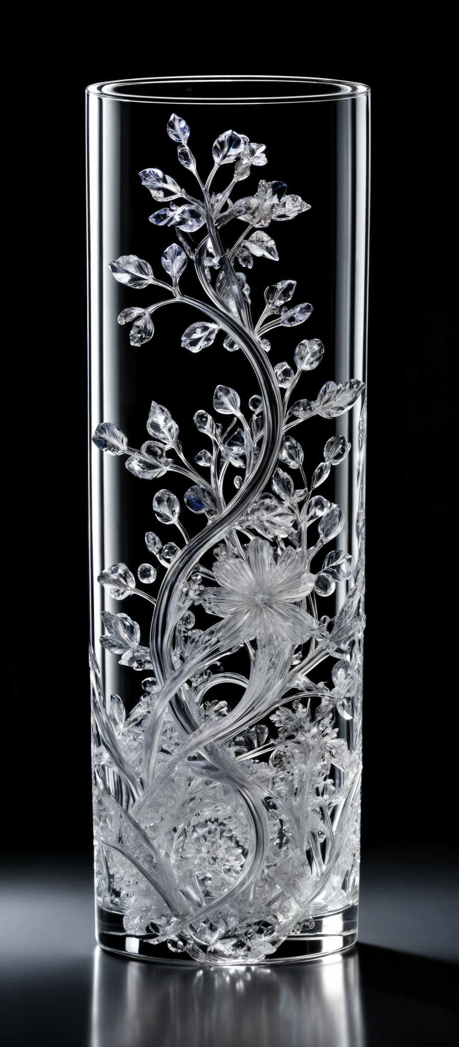 The image showcases a clear glass vase with intricate engraving. The engraved design consists of a tree-like structure with branches and leaves, intertwined with floral patterns. The branches and flowers are detailed with varying shades of clear glass, giving them a three-dimensional appearance. The vase is cylindrical in shape and has a reflective surface, capturing the light and creating a shimmering effect.