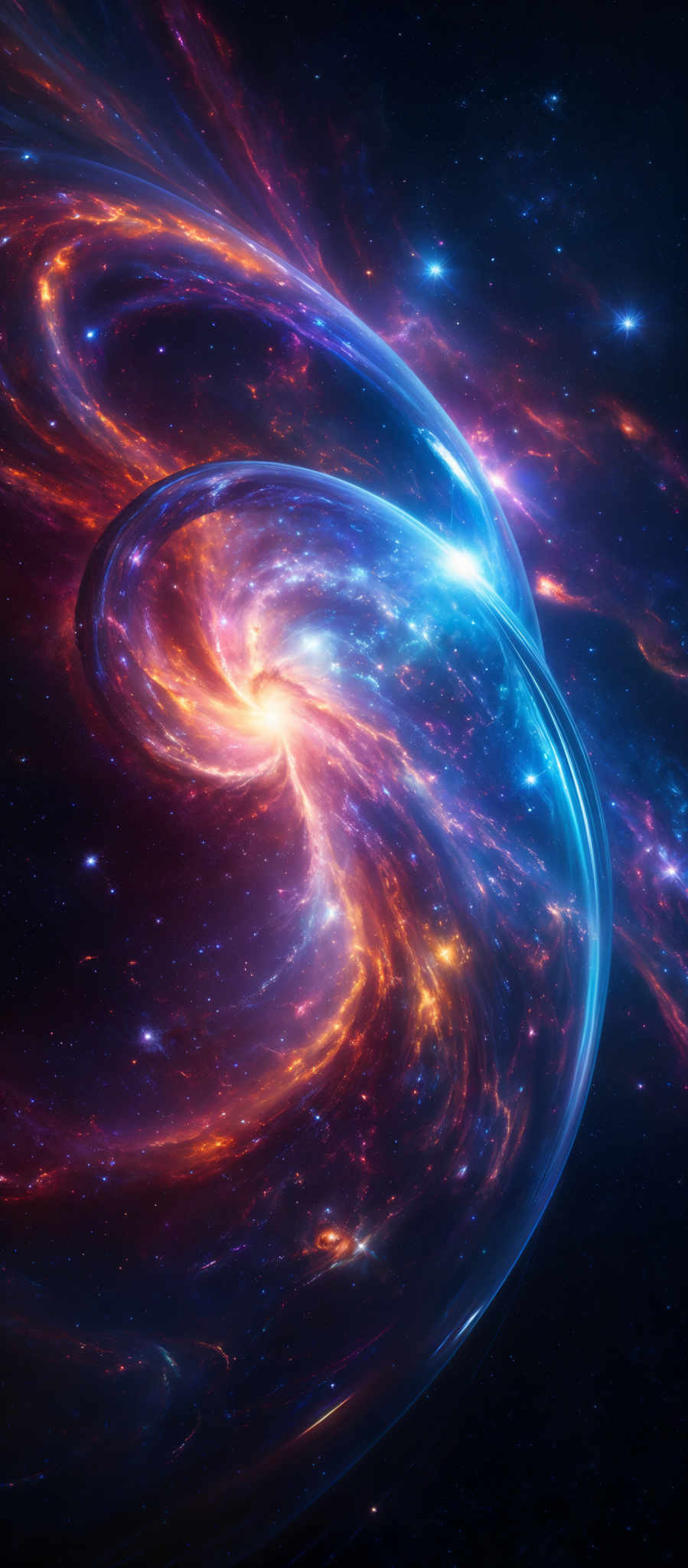 The image showcases a mesmerizing cosmic scene with swirling patterns of vibrant colors. Dominant hues include deep blues, fiery reds, and radiant oranges. The swirls appear to be galaxies or nebulae, with bright stars scattered throughout. The central region emits a brilliant blue glow, suggesting a massive star or a supermassive black hole. The overall composition gives a sense of depth and vastness, reminiscent of the universe's grandeur.