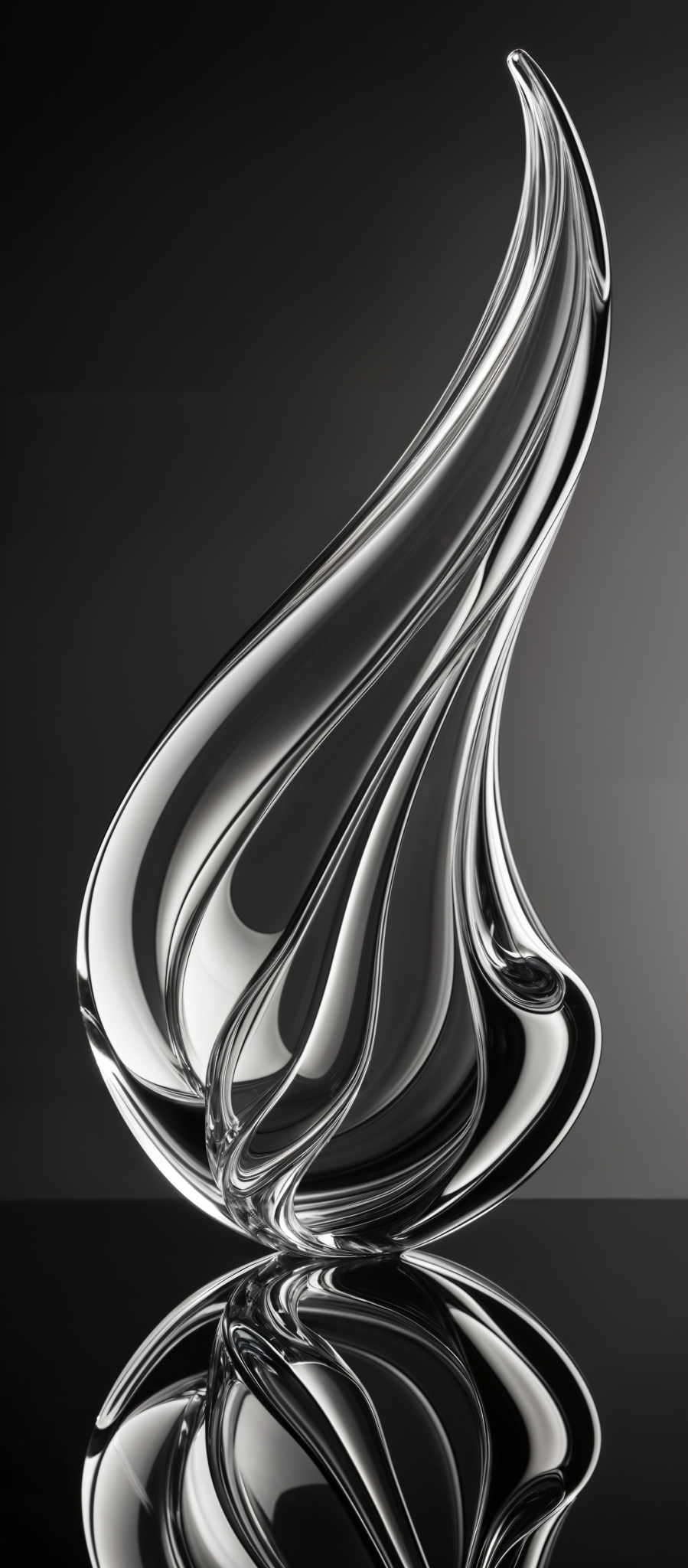 The image showcases a clear, glass sculpture that is intricately shaped to resemble a fluid, wavy form. The sculpture is predominantly clear with reflections and refractions creating a shimmering effect. It is positioned against a dark background, which accentuates its luminosity. The shape of the sculpture appears to be a combination of curves and swirls, giving it a dynamic and flowing appearance.