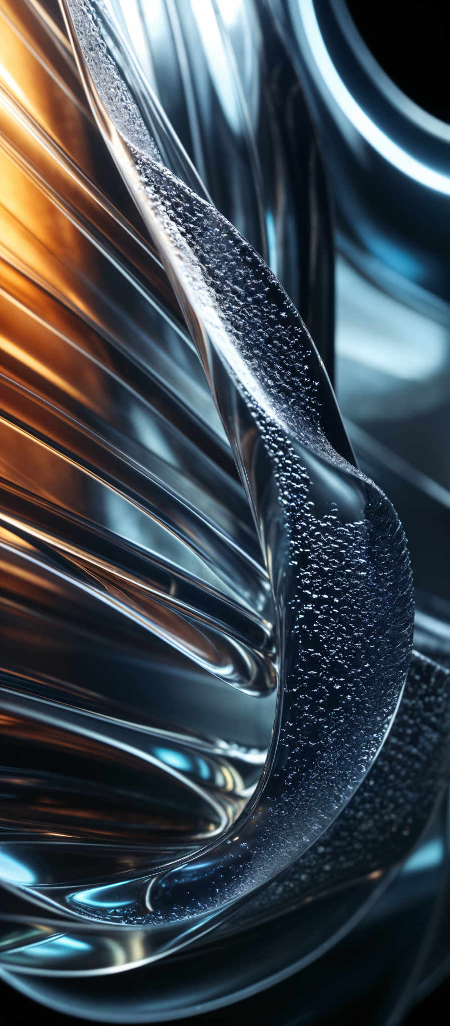 The image showcases a close-up of what appears to be a glass or metallic structure. The dominant colors are shades of blue, silver, and a hint of orange. The shape is intricate, with flowing curves and ridges, giving it a fluid and dynamic appearance. The surface of the structure is textured with tiny bubbles or droplets, possibly indicating a recent cooling process or the presence of a liquid.