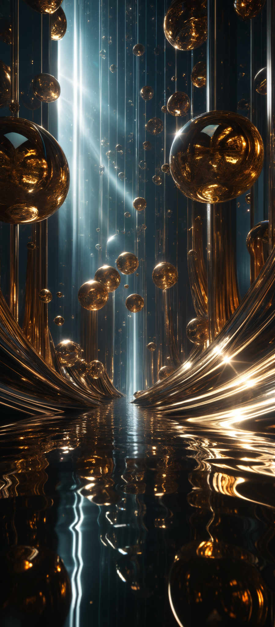 The image showcases a surreal and futuristic scene. The dominant colors are deep blues and golden hues. The scene is dominated by large, spherical, reflective objects suspended in mid-air, giving an impression of bubbles or orbs. These orbs are surrounded by vertical, sleek, and reflective structures that seem to be made of a metallic material. The entire scene is illuminated by a bright light source from the top, casting a glow on the orbs and reflecting off the water below. The water surface mirrors the orbits and structures, adding depth and dimension to the scene.