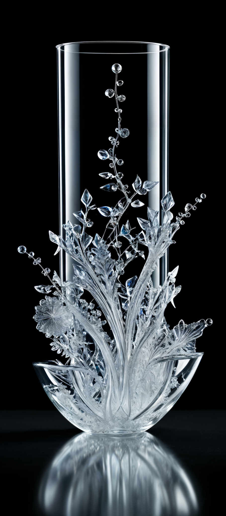 The image showcases a transparent glass vase with intricate designs. The vase is cylindrical in shape and appears to be made of clear glass. The design on the vase consists of delicate, crystalline structures that resemble flowers and leaves. These structures are made up of multiple facets and reflections, giving them a sparkling appearance. The colors are predominantly clear with hints of blue, possibly due to light reflections or the inherent properties of the glass.