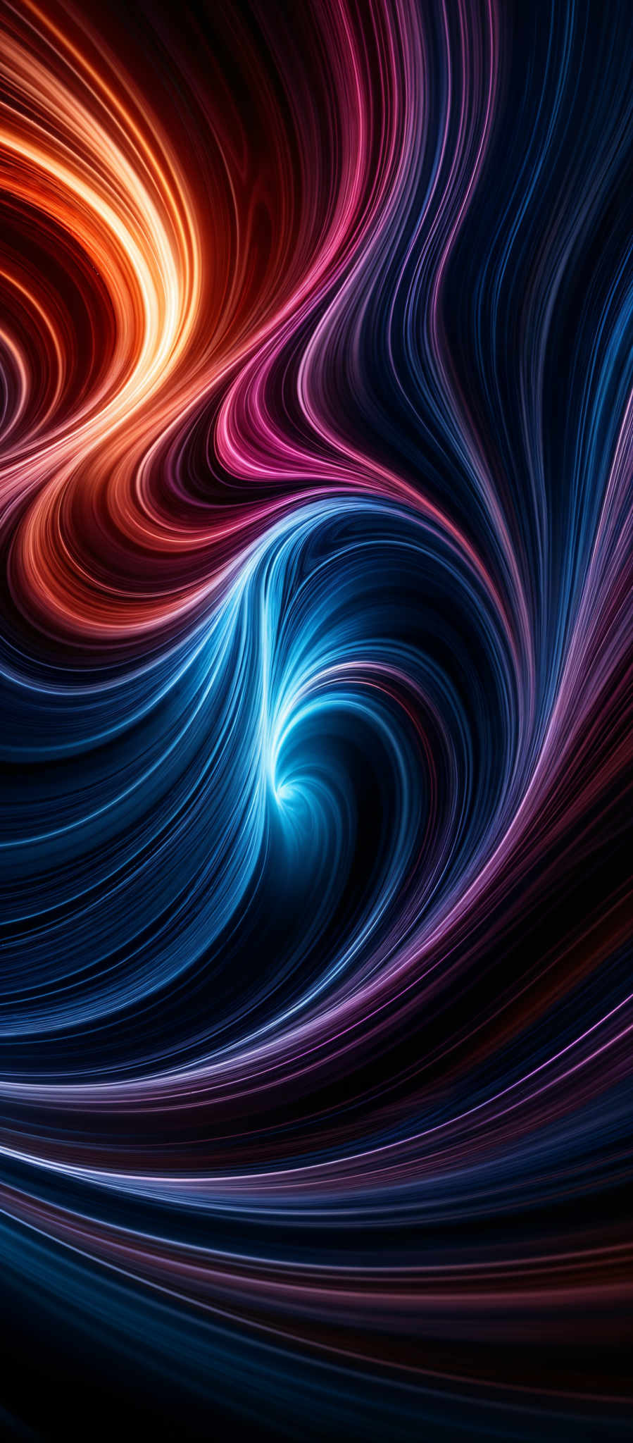 The image showcases a vibrant and dynamic swirl of colors. The predominant colors are shades of blue, red, and orange. The swirls are intricate, resembling flowing waves or tendrils of energy. The shapes are fluid and curvy, with the colors intertwining and overlapping in a mesmerizing pattern. The overall effect is both visually captivating and abstract, evoking a sense of movement and depth.