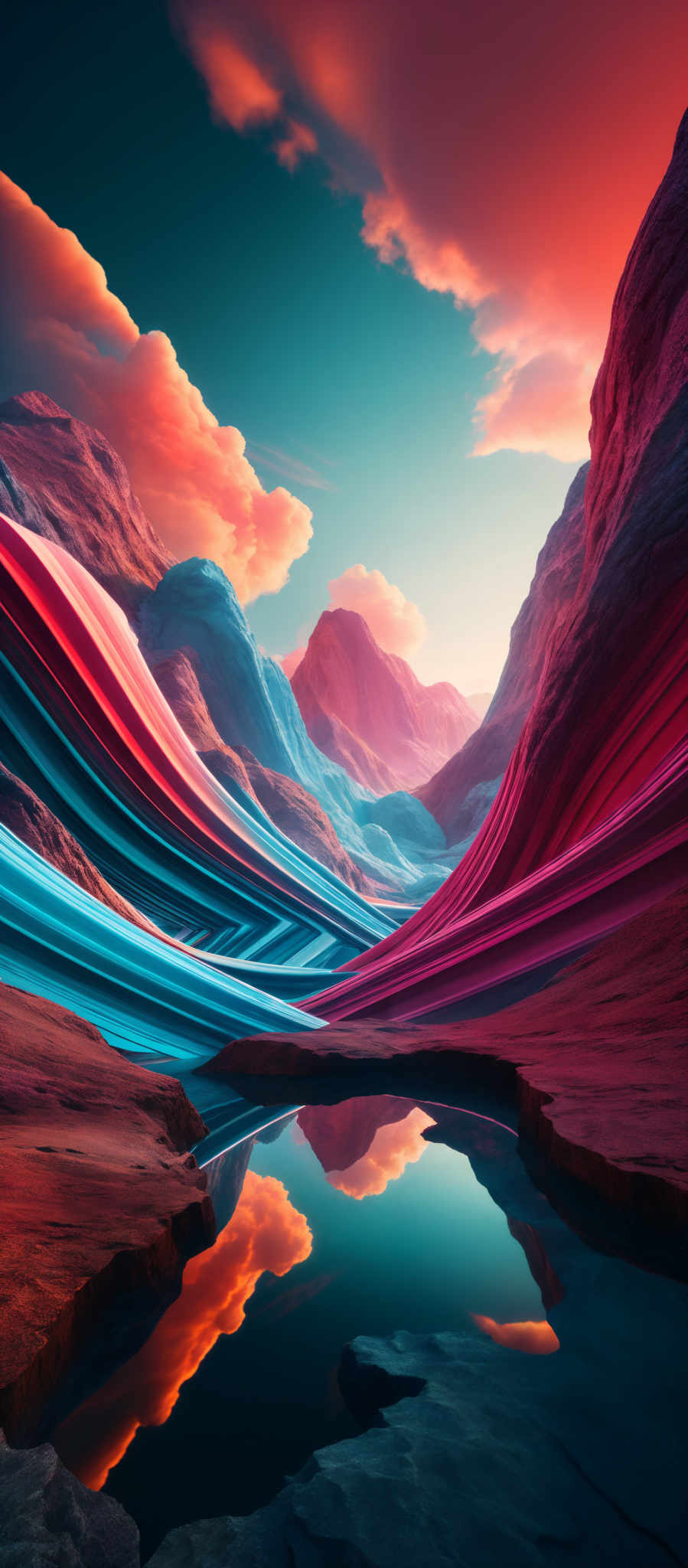 The image showcases a surreal landscape with vibrant colors. Dominating the scene are majestic mountains with a gradient of colors ranging from deep reds to cool blues. The sky above is painted in hues of orange, pink, and blue, suggesting either a sunrise or sunset. In the foreground, there's a serene body of water reflecting the mountains and the sky. The water's edge is rocky, and there are some dark, jagged rocks protruding from it. The overall ambiance of the image is both serene and awe-inspiring.