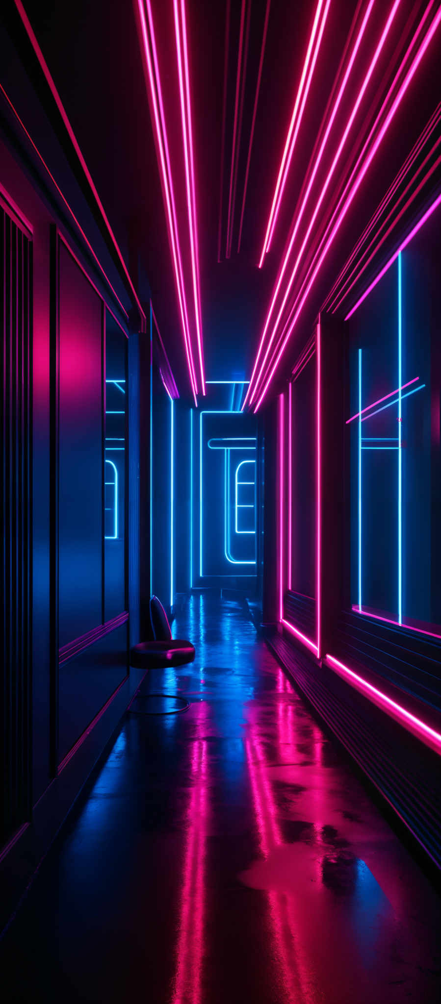 The image showcases a modern, futuristic room with a dark ambiance. Dominating the scene are vibrant neon lights in shades of pink and blue. These lights are embedded within the room's architecture, creating a series of geometric patterns on the walls and ceiling. The floor reflects the lights, adding depth and dimension to the space. There's also a solitary chair in the foreground, suggesting a place of relaxation or contemplation.