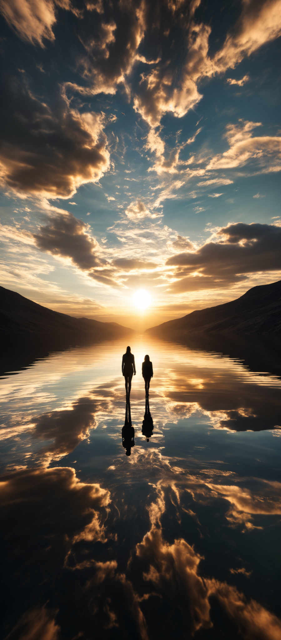 The image showcases a breathtaking scene of a serene landscape during sunset or sunrise. The sky is painted with hues of blue, gold, and orange, with dramatic cloud formations scattered across. The sun is positioned near the horizon, casting a warm glow that reflects on the calm waters below. Two silhouetted figures are seen walking on the water, their reflections mirrored perfectly beneath them. The landscape features rolling hills or mountains in the distance, and the entire scene is bathed in a soft, ethereal light.