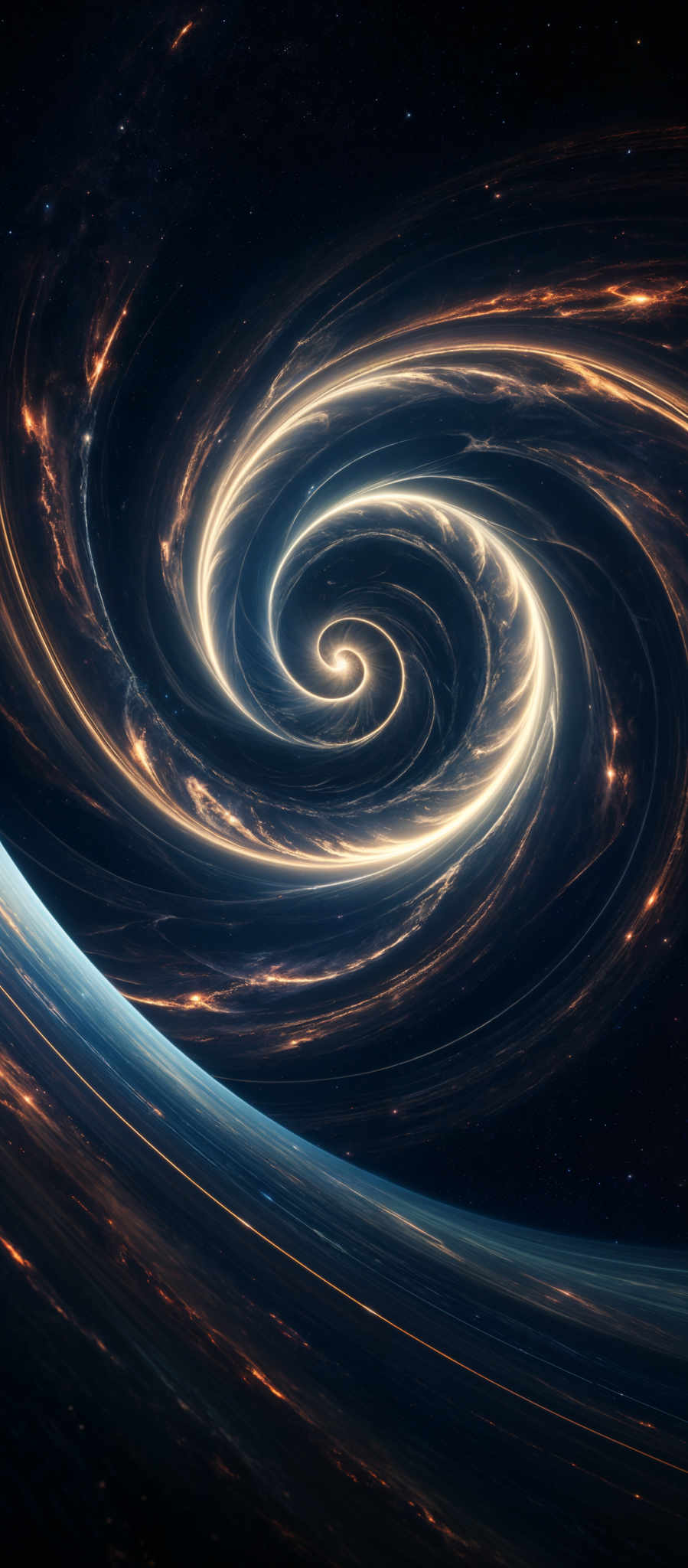 The image showcases a mesmerizing cosmic scene. Dominating the center is a swirling vortex, reminiscent of a galaxy or a black hole, with a bright, glowing core. This core emits a radiant light that contrasts with the darker, outer swirls. Surrounding the core, there are streaks of golden light, possibly representing stars or other celestial objects. The outer edges of the image are bathed in a deep blue hue, suggesting the vastness of space. The overall shape is reminisccent of an eye or a spiral galaxy, with the swirled patterns giving a sense of movement and dynamism.