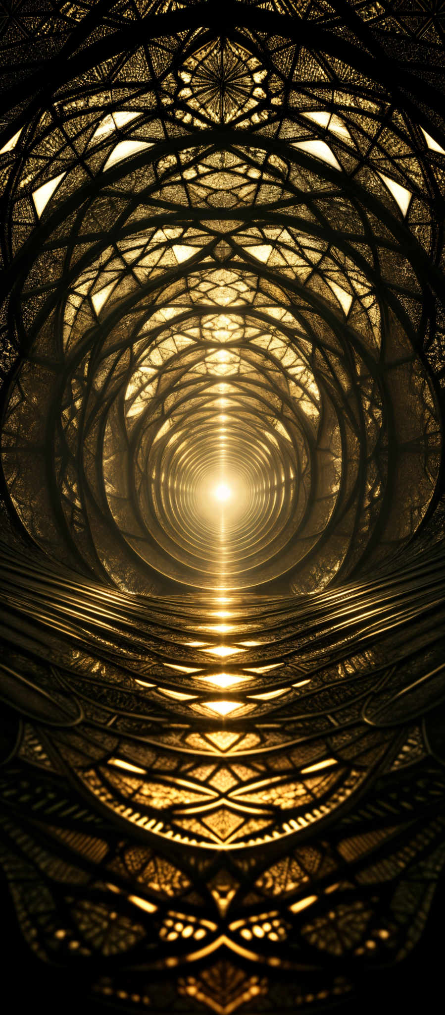 The image showcases a mesmerizing and intricate design that appears to be a tunnel or corridor. The dominant colors are deep browns and golds, creating a warm and luxurious ambiance. The design is symmetrical, with concentric circles and intricately patterned walls. The center of the image has a bright light, possibly representing an exit or a source of energy. The patterns on the walls are reminiscent of mandala designs, with detailed geometric shapes and symmetrical lines.