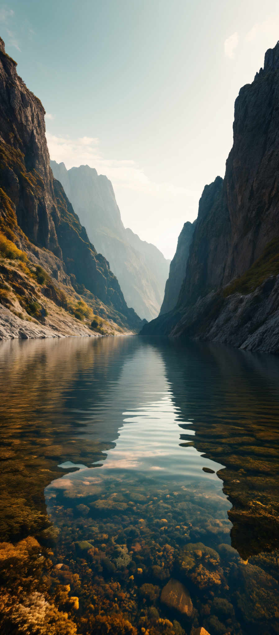 The image showcases a serene landscape with towering rocky cliffs on either side. The cliffs are rugged with visible striations, suggesting years of erosion. The sky above is clear with a hint of clouds, casting a soft light on the scene. In the foreground, there's a calm body of water reflecting the cliffs and the sky. The water is transparent, revealing a bed of colorful rocks beneath. The overall color palette is dominated by earthy tones, with the rocks displaying hues of brown, orange, and green.