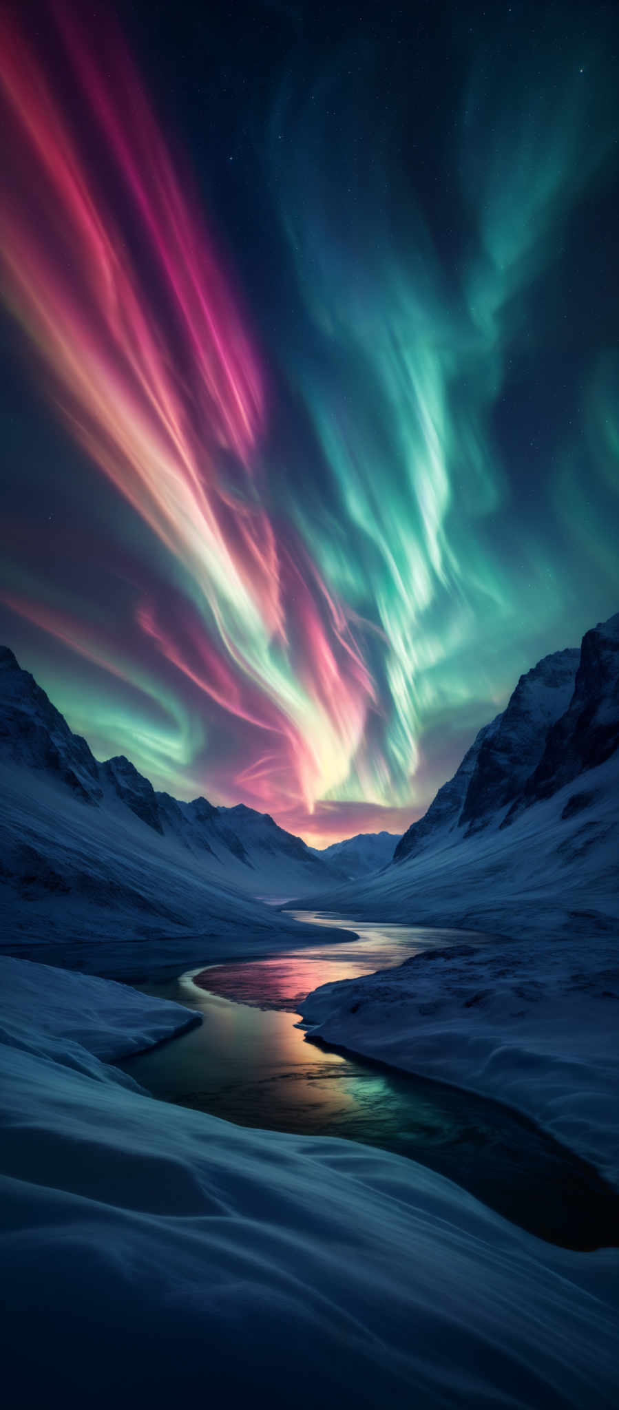 The image showcases a breathtaking view of the Northern Lights, also known as the Aurora Borealis. These lights display a mesmerizing array of colors, including vibrant shades of green, pink, and purple. The lights seem to dance and swirl across the night sky, creating a surreal and ethereal effect. Below the sky, there's a snow-covered landscape with undulating mountains. A serene body of water reflects the colors of the sky and the silhouette of the mountains. The overall ambiance of the image is one of wonder and awe, capturing the beauty of nature in its purest form.