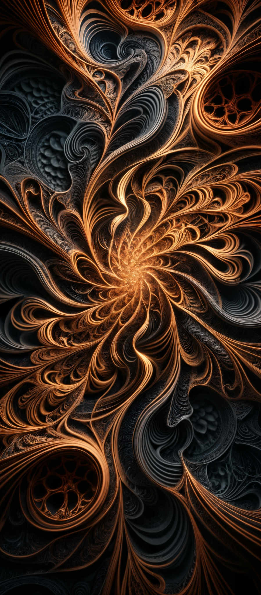 The image showcases intricate and swirling patterns with a combination of dark and light colors. The dominant colors are deep blacks, fiery oranges, and golden yellows. The patterns are reminiscent of intertwined organic forms, possibly resembling flowers or vines, with detailed and layered patterns that give a sense of depth and movement.