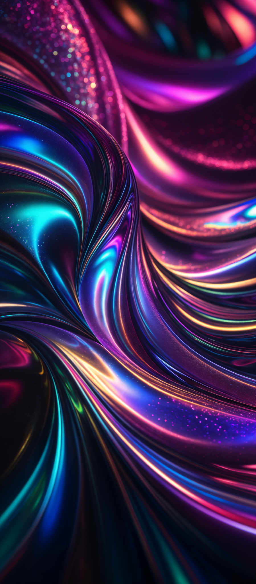 The image showcases a vibrant and dynamic abstract design. It features a myriad of colors, predominantly shades of purple, blue, and gold. The shapes are fluid and wavy, resembling flowing liquid or marbled patterns. The design is intricate, with swirls and curves that give a sense of movement and depth. There are also speckled areas that add a touch of sparkle and contrast to the overall design.