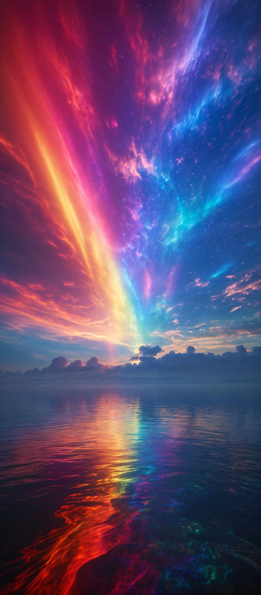 The image showcases a vibrant and mesmerizing display of colors. The sky is painted with a spectrum of hues, ranging from fiery reds and oranges to cool blues and purples. The colors seem to radiate from a central point, creating an effect reminiscent of a sunset or sunrise. The clouds in the sky are illuminated in various shades, adding depth and dimension to the scene. Below the sky, there's a reflection on the water, mirroring the colors and patterns of the sky above. The water's surface has a wavy texture, suggesting gentle waves or ripples.