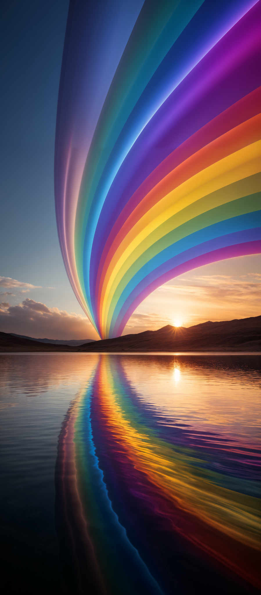 The image showcases a vibrant rainbow arching over a serene landscape. The rainbow is composed of multiple colors, including red, orange, yellow, green, blue, indigo, and violet. It beautifully reflects on the calm waters below, creating a mirror image. The landscape features a vast body of water, a distant shoreline, and a setting sun casting a warm glow over the horizon. The sky is clear with a few scattered clouds, and the overall ambiance is tranquil and magical.