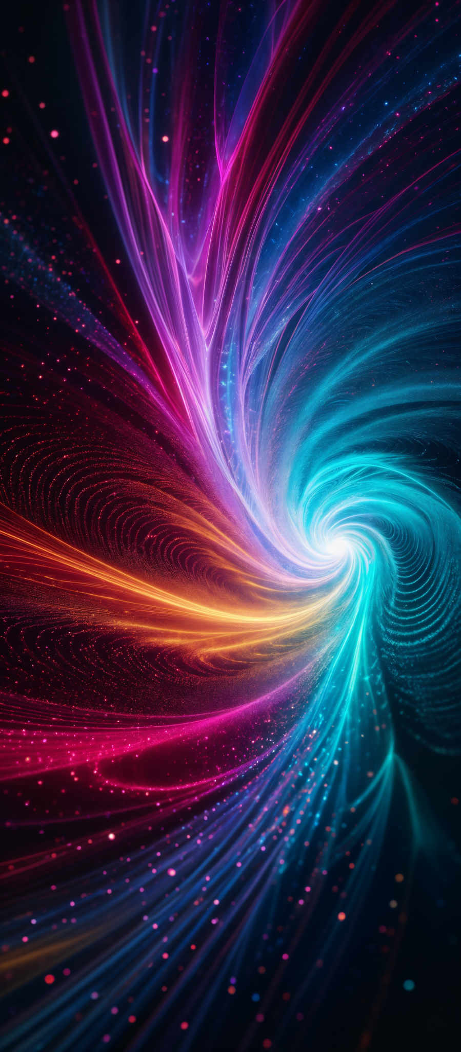 The image showcases a vibrant and mesmerizing swirl of colors. The dominant colors are shades of blue, pink, and orange. The swirl appears to be a vortex or whirlpool, spiraling inwards, with intricate patterns and lines that give it a dynamic and flowing appearance. The background is dark, which accentuates the brightness and vibrancy of the colors in the swirl.