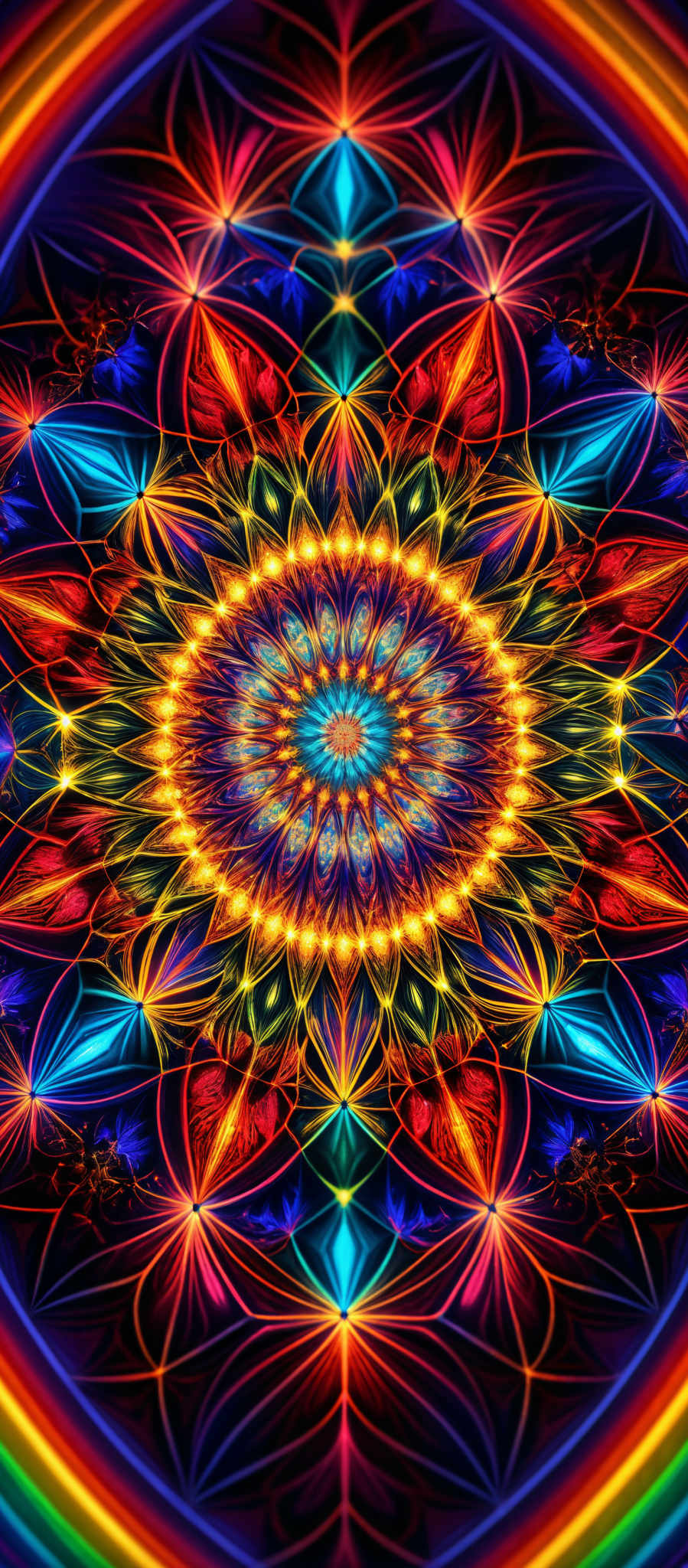 The image showcases a vibrant and intricate mandala design. It features a central circular pattern surrounded by symmetrical patterns radiating outwards. The colors are a mix of deep blues, fiery reds, bright yellows, and glowing oranges. The design is composed of various geometric shapes, including stars, circles, and triangles, all interwoven in a harmonious and mesmerizing pattern.