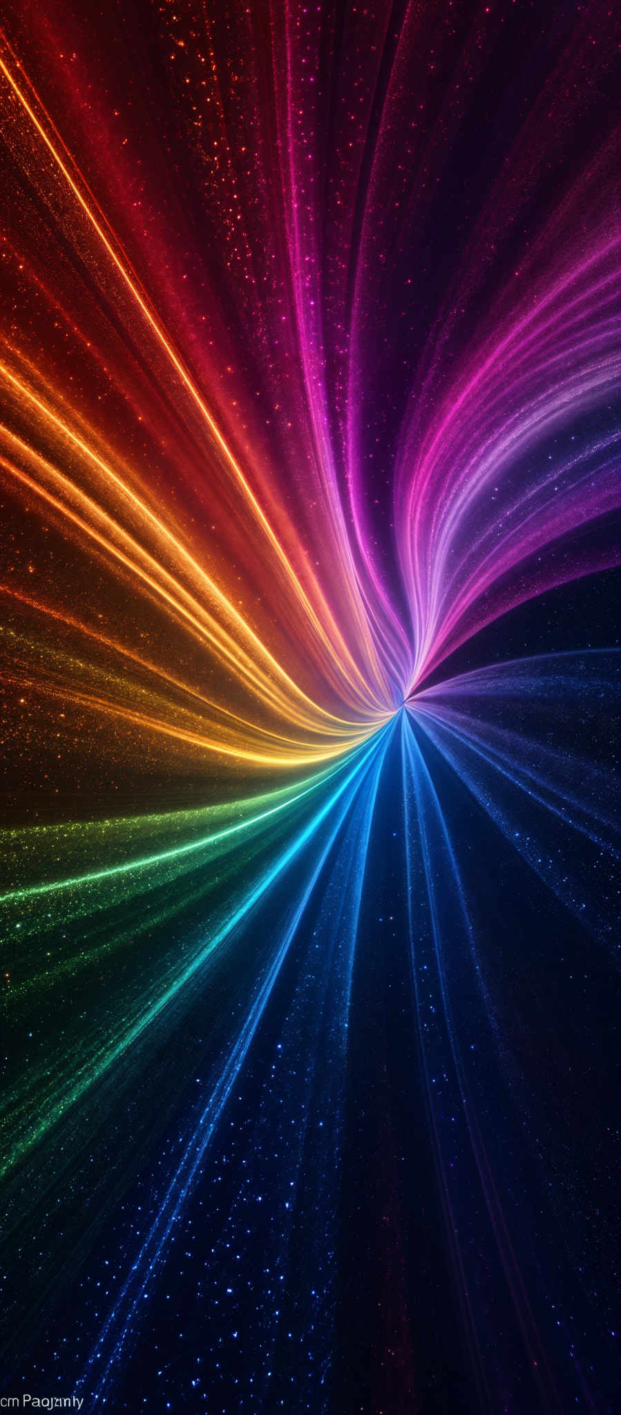 The image showcases a vibrant and mesmerizing spectrum of colors. It features a swirling pattern of streaks that radiate outwards, transitioning from a deep red at the top to a bright blue at the bottom. The colors are interspersed with tiny specks that resemble stars, giving the impression of a cosmic or galaxy-like setting. The overall shape is reminiscent of a vortex or a tunnel, drawing the viewer's eye inwards towards the center.