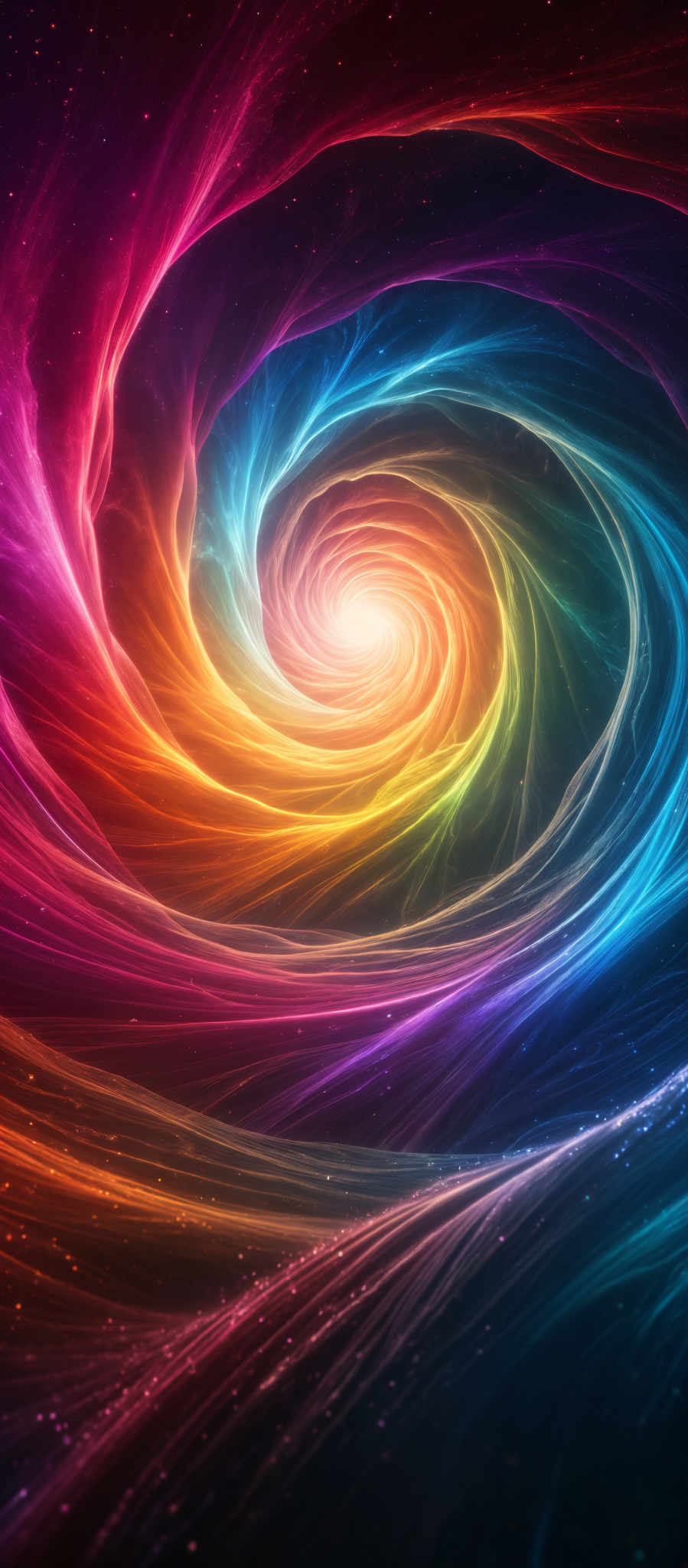 The image showcases a mesmerizing swirl of colors, predominantly in hues of pink, orange, blue, and purple. The swirl appears to be a vortex or a whirlpool, spiraling inwards towards a central light source. The outer edges of the swirl are vibrant and dynamic, while the inner regions seem to emanate a soft, glowing light. The overall effect is both visually stunning and ethereal, reminiscent of a cosmic phenomenon or a celestial event.