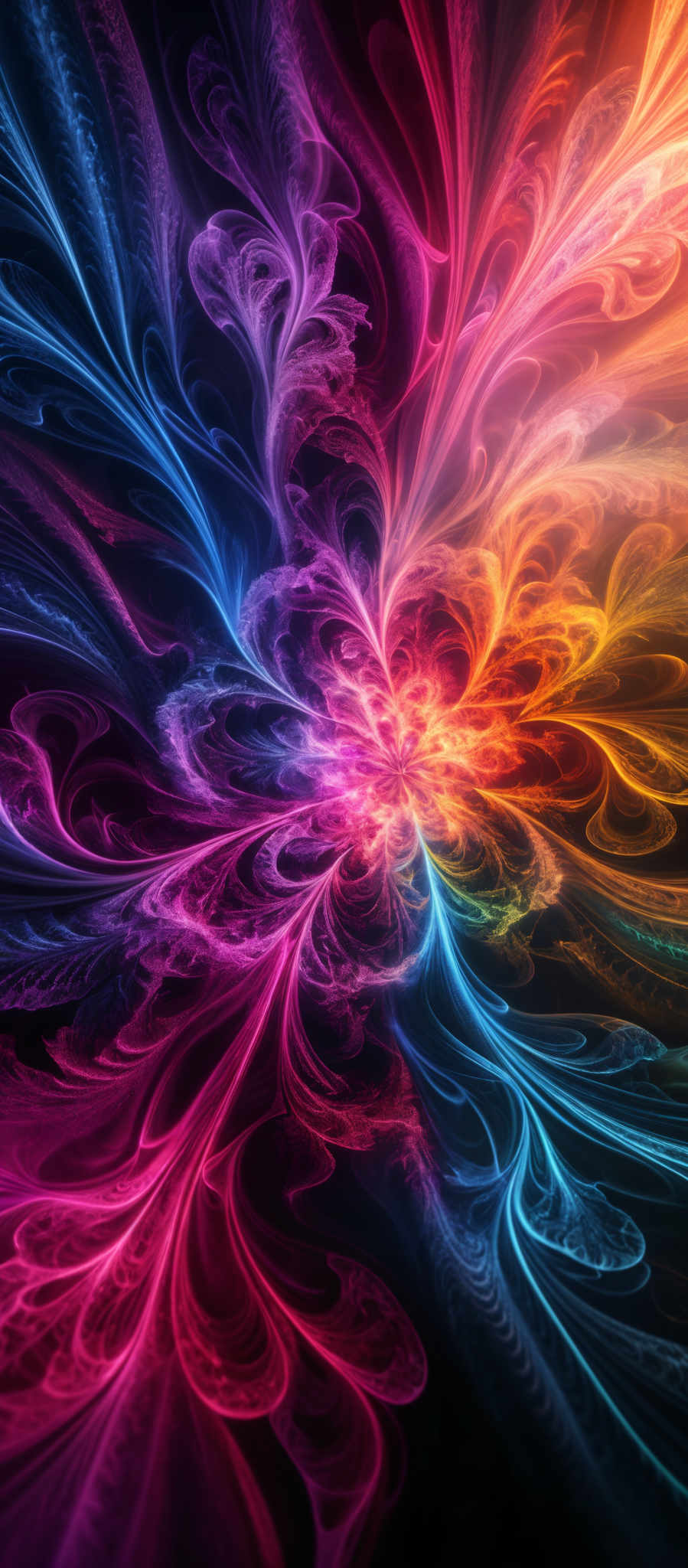 The image showcases a vibrant and intricate pattern of swirling colors. The dominant colors include shades of pink, blue, orange, and purple. The swirls are reminiscent of abstract art, with each color blending seamlessly into the next, creating a mesmerizing effect. The shapes are fluid and organic, resembling petals or feathers, and they radiate outwards from a central point, giving the impression of a burst or explosion of colors.