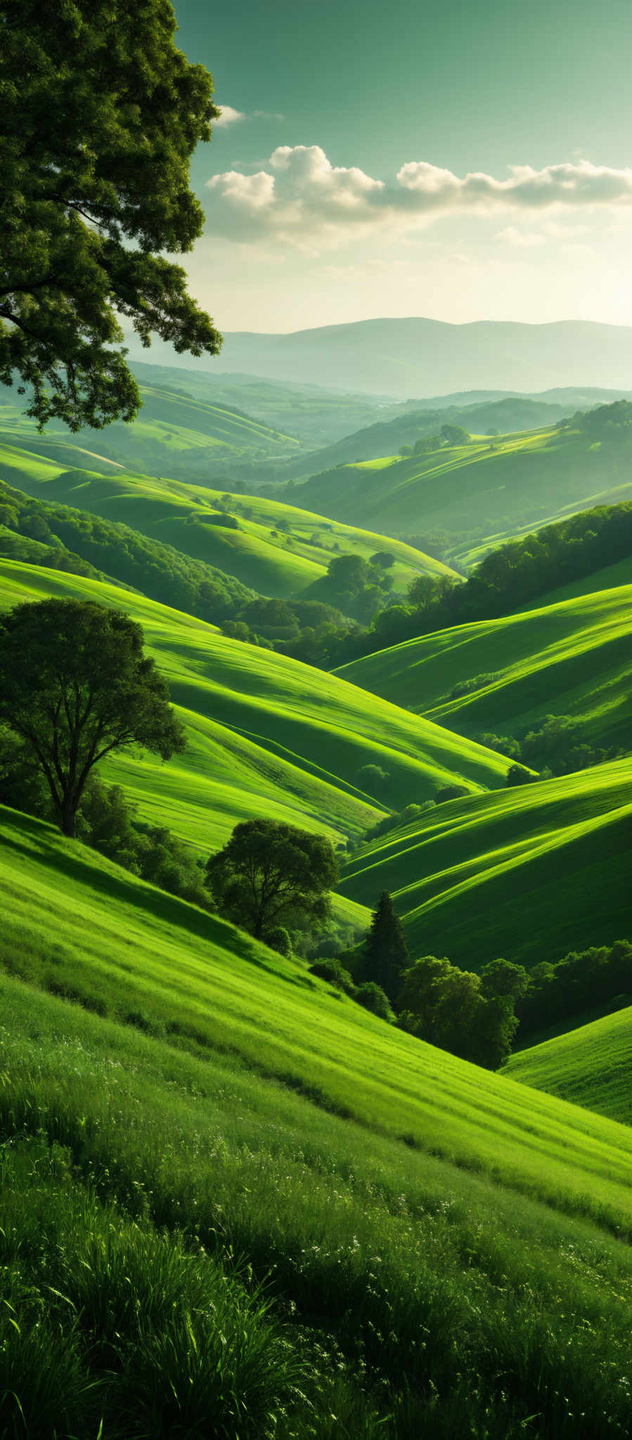 The image showcases a picturesque landscape dominated by rolling green hills. The hills are characterized by their undulating patterns, creating a mesmerizing play of light and shadow. The lush green fields are interspersed with a few trees, which stand tall and provide a contrast to the vast expanse of grass. The sky above is a mix of light blue and white, with fluffy clouds scattered about. The overall color palette is vibrant and evokes feelings of tranquility and serenity.