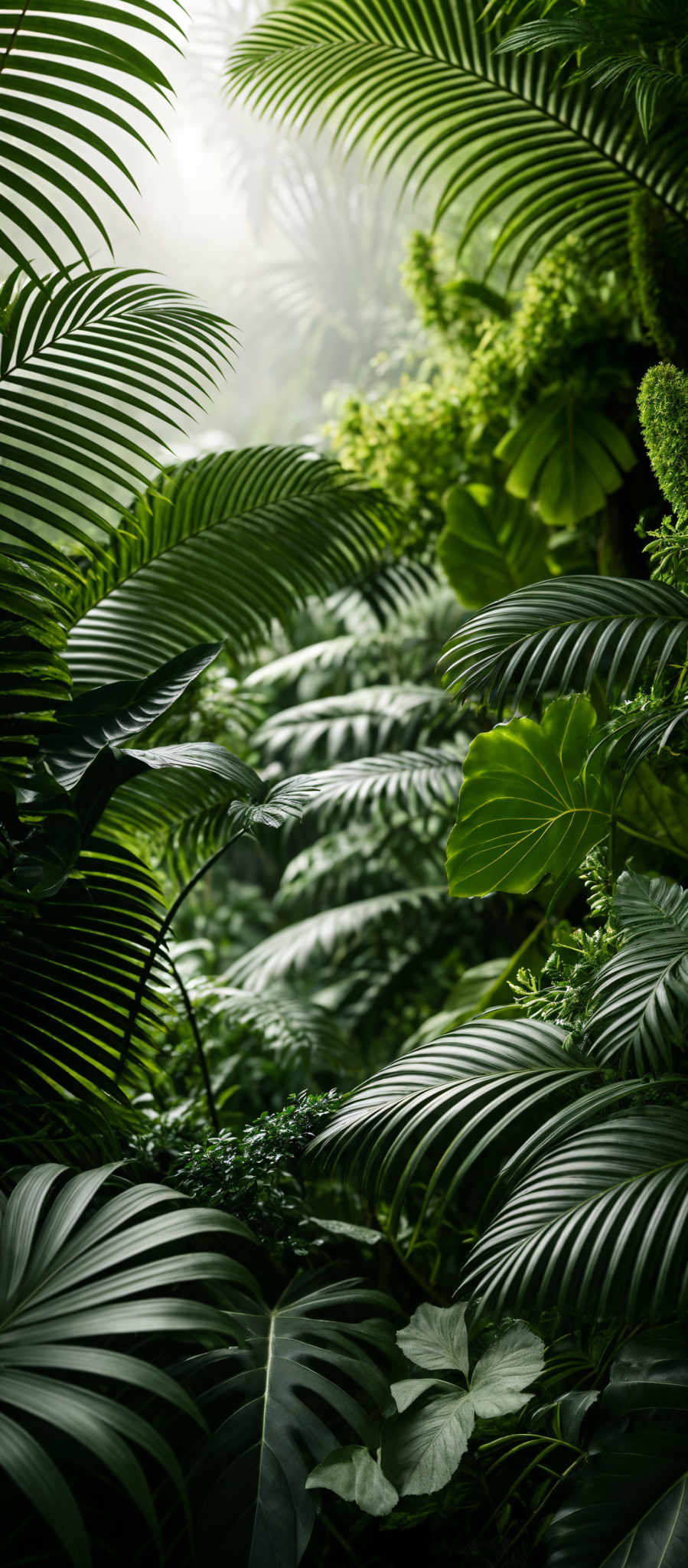 The image showcases a lush, tropical rainforest. Dominating the scene are various types of ferns and palm leaves, displaying a rich palette of green shades. The fern fronds are slender and feathery, while the palm fronds have a more fan-like shape. The light filtering through the dense foliage casts a soft, ethereal glow, creating a serene and mystical atmosphere.