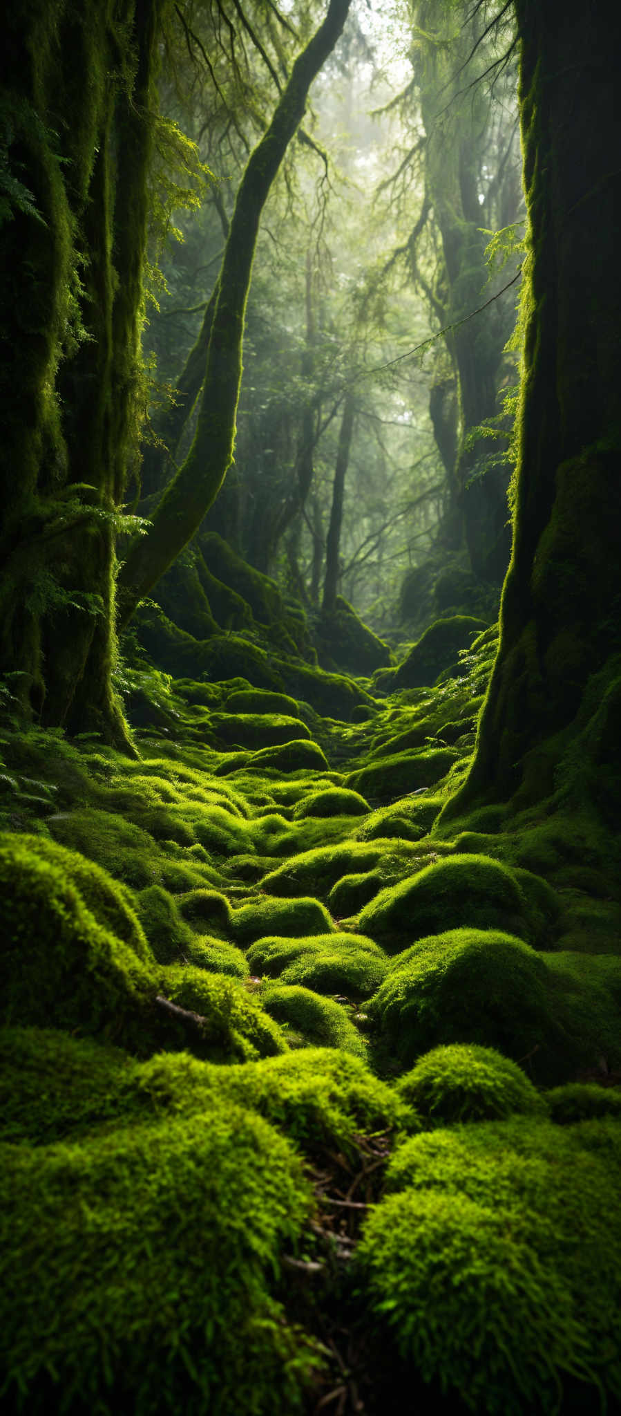 The image showcases a lush, verdant forest with a predominant green hue. The trees have a tall and slender shape, with their trunks covered in moss, giving them a green and ancient appearance. The forest floor is carpeted with moss-covered stones, creating a soft, cushioned texture. Sunlight filters through the canopy, casting dappled light on the forest floor, creating shadows and adding depth to the scene.