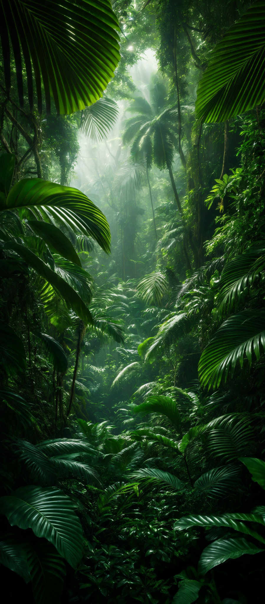 The image showcases a lush, verdant forest with a predominant green hue. The foliage is diverse, featuring large, fan-shaped leaves, some of which are prominently displayed in the foreground. There are various types of plants, including ferns and palm-like trees, with their leaves displaying intricate patterns and textures. The forest appears dense, with sunlight filtering through in patches, creating a misty and ethereal atmosphere.