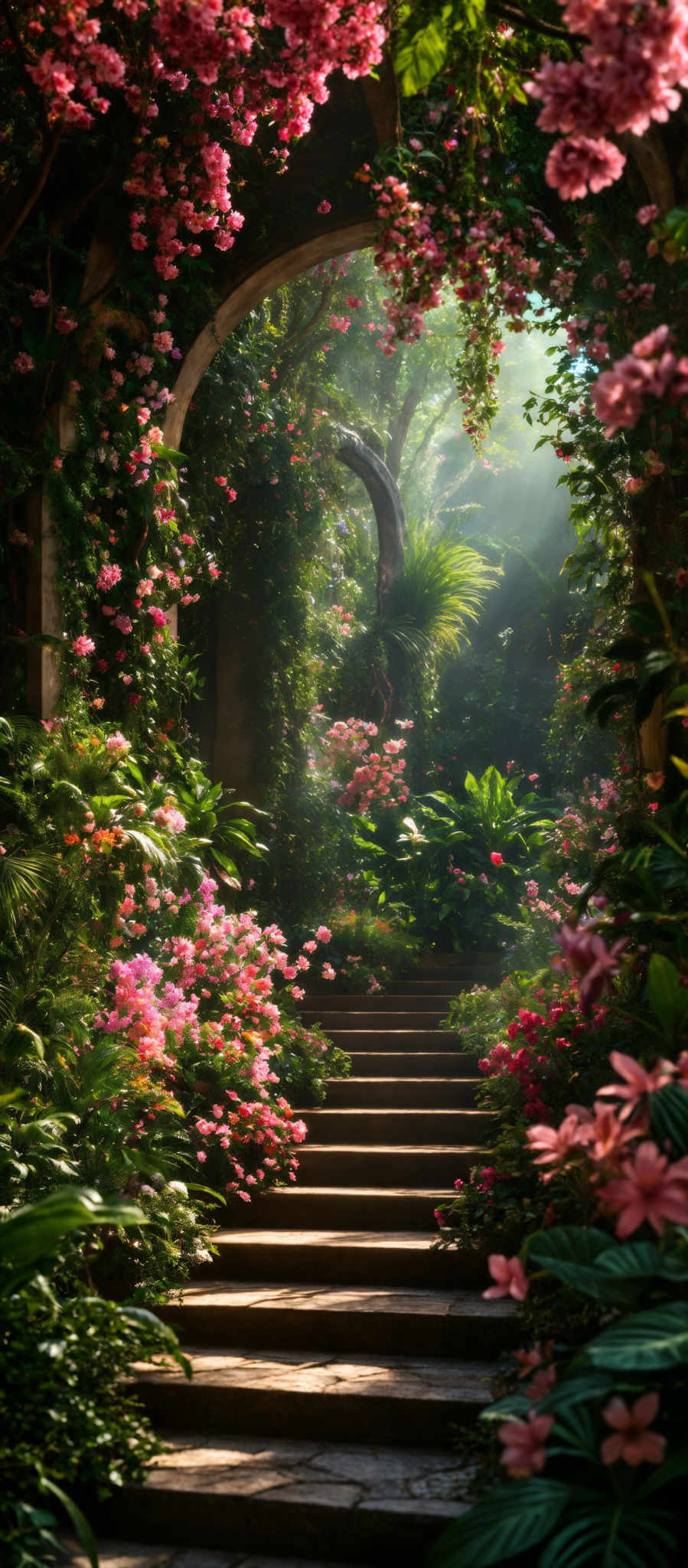 The image showcases a picturesque scene of a garden or park. Dominating the scene are vibrant pink flowers, possibly roses, that are in full bloom. These flowers are densely packed, creating a canopy-like effect over a stone archway. The archway itself is made of weathered stone and is surrounded by lush green foliage. Below the archway, there's a set of stone steps leading downwards, surrounded by more flowers and greenery. The sunlight filters through the trees, casting a soft glow on the scene, and creating a serene and magical atmosphere.