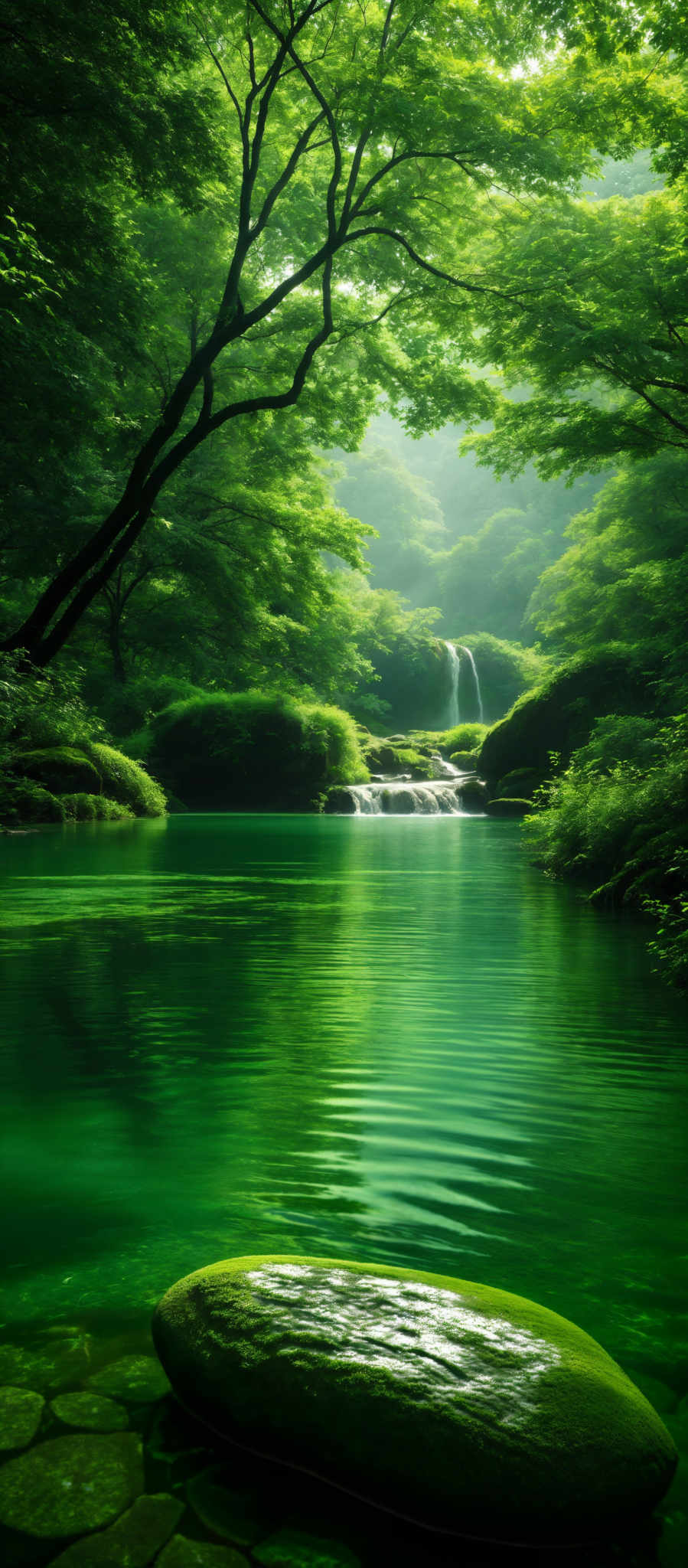 The image showcases a serene and lush forest setting. Dominating the foreground is a calm, clear body of water reflecting the surrounding greenery. A large, moss-covered stone sits prominently in the water, and its surface is slightly rippled, suggesting movement or a gentle breeze. The water's edge is bordered by smooth, rounded stones. In the background, a series of waterfalls cascade down, their white frothy water contrasting with the dense green foliage above. The trees have a dense canopy, with their leaves displaying varying shades of green, suggesting different types or ages of trees. The overall ambiance is tranquil and evokes a