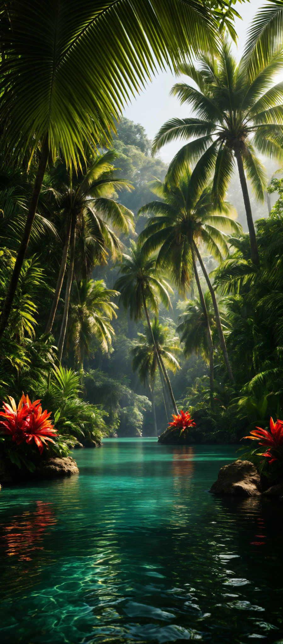 The image showcases a serene tropical setting. Dominating the scene are tall palm trees with their characteristic fronds, some of which are overhanging the water. The water itself is a vibrant shade of turquoise, reflecting the surrounding greenery. There are red flowers, possibly a type of lily, placed on rocks in the water, adding a pop of color. The background is dense with more palm and other tropical vegetation, creating a lush green canopy.