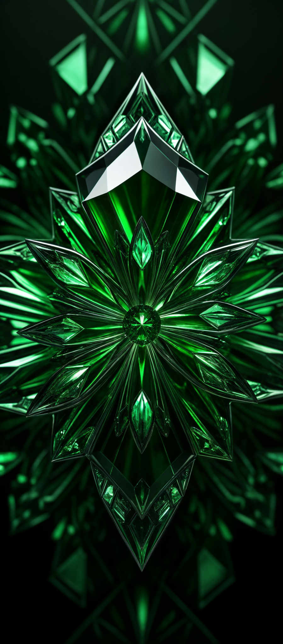 The image showcases a vibrant green color palette with a symmetrical geometric design. The primary shape is a star-like structure with multiple facets radiating outwards. The design appears to be made up of crystalline or glass-like materials, with reflections and refractions creating a sense of depth and dimension. The background is dark, which accentuates the luminosity and vibrancy of the green design.