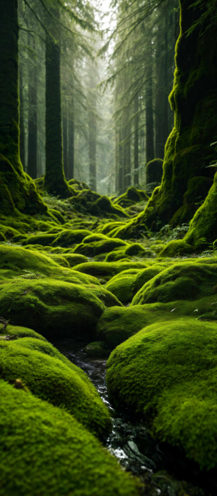 The image predominantly showcases shades of green, representing moss-covered ground and trees. The trees are tall and slender, with their trunks covered in moss, giving them a green hue. The ground is carpeted with mossy patches, which appear soft and undulating. A small stream or brook flows through the moss in the foreground, reflecting the surrounding greenery. The overall ambiance is serene and mystical, reminiscent of a dense, ancient forest.